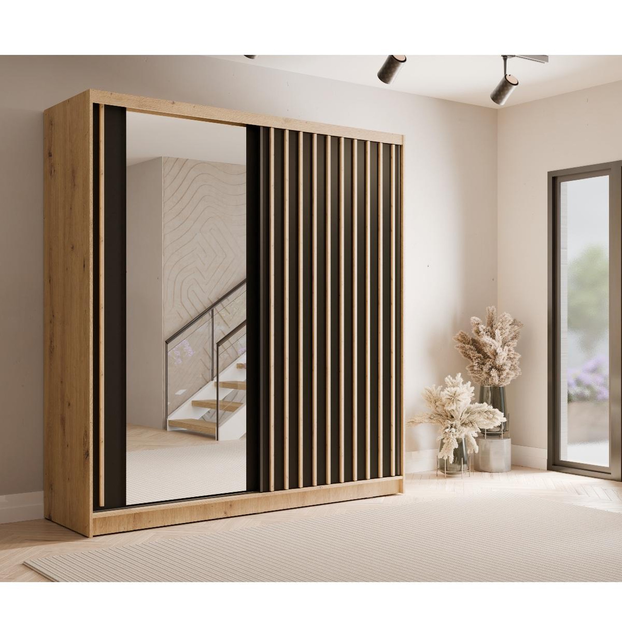 Voir la diapositive 2 : JLC KREATION Armoire coulissante industrielle bois et noir 205cm celia