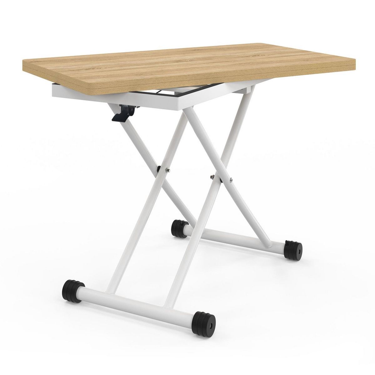 ID MARKET Table basse extensible relevable en table à manger rectangulaire URBANA plateau façon hêtre pied blanc