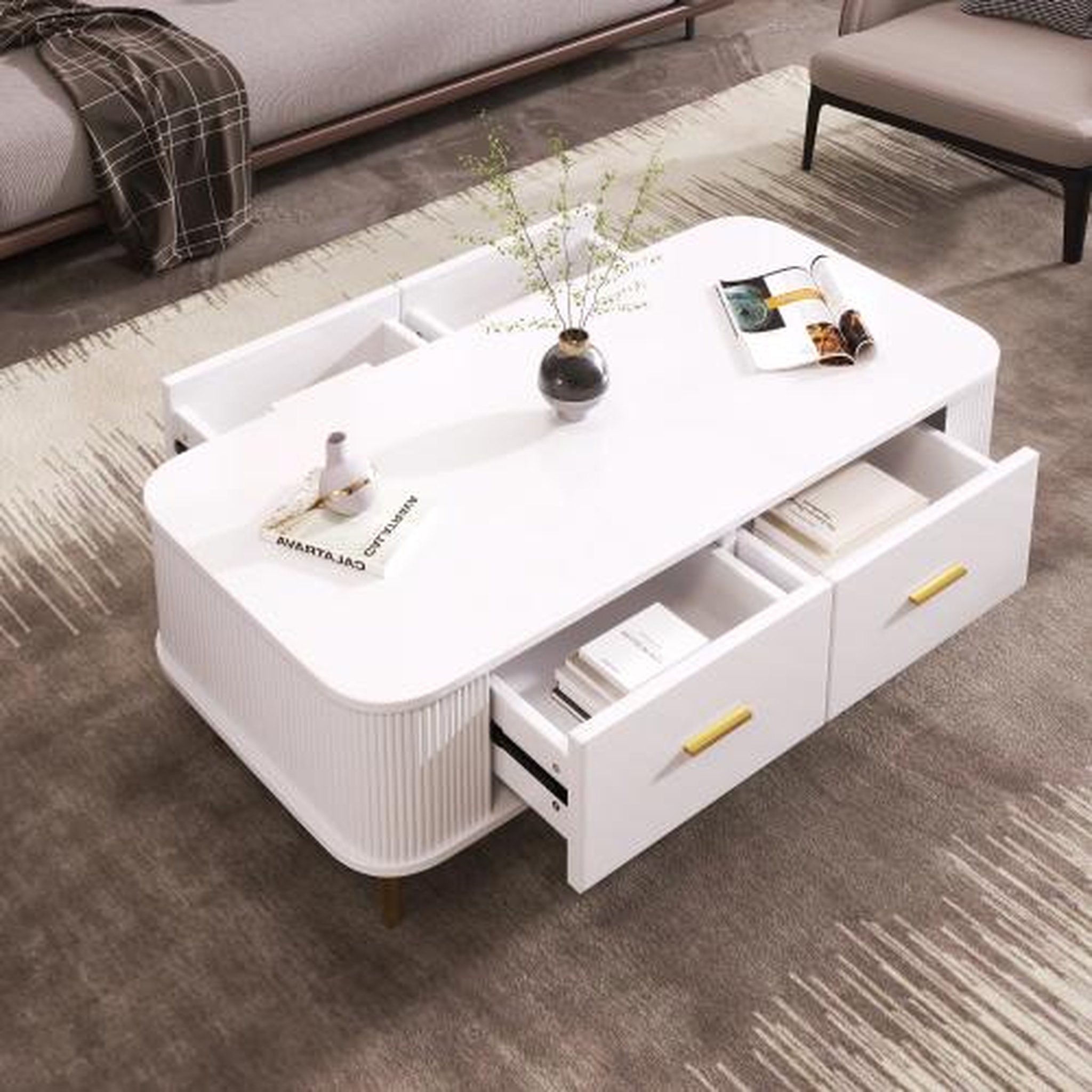 Voir la diapositive 2 : MERAX Table basse rectangulaire blanc avec 4 tiroirs - 51x105 cm mdf