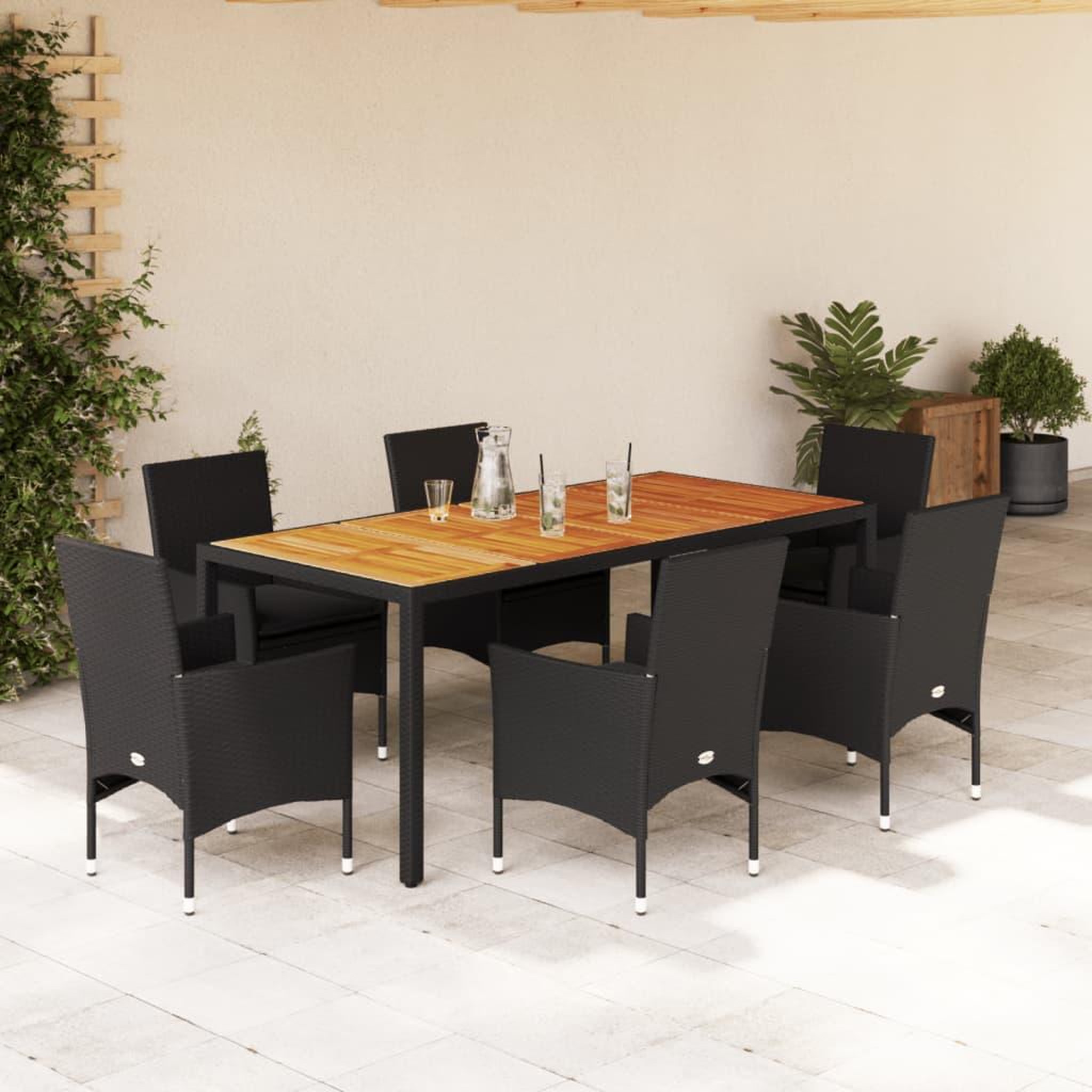 VIDAXL Ensemble a manger de jardin et coussins 7pcs noir rotin acacia