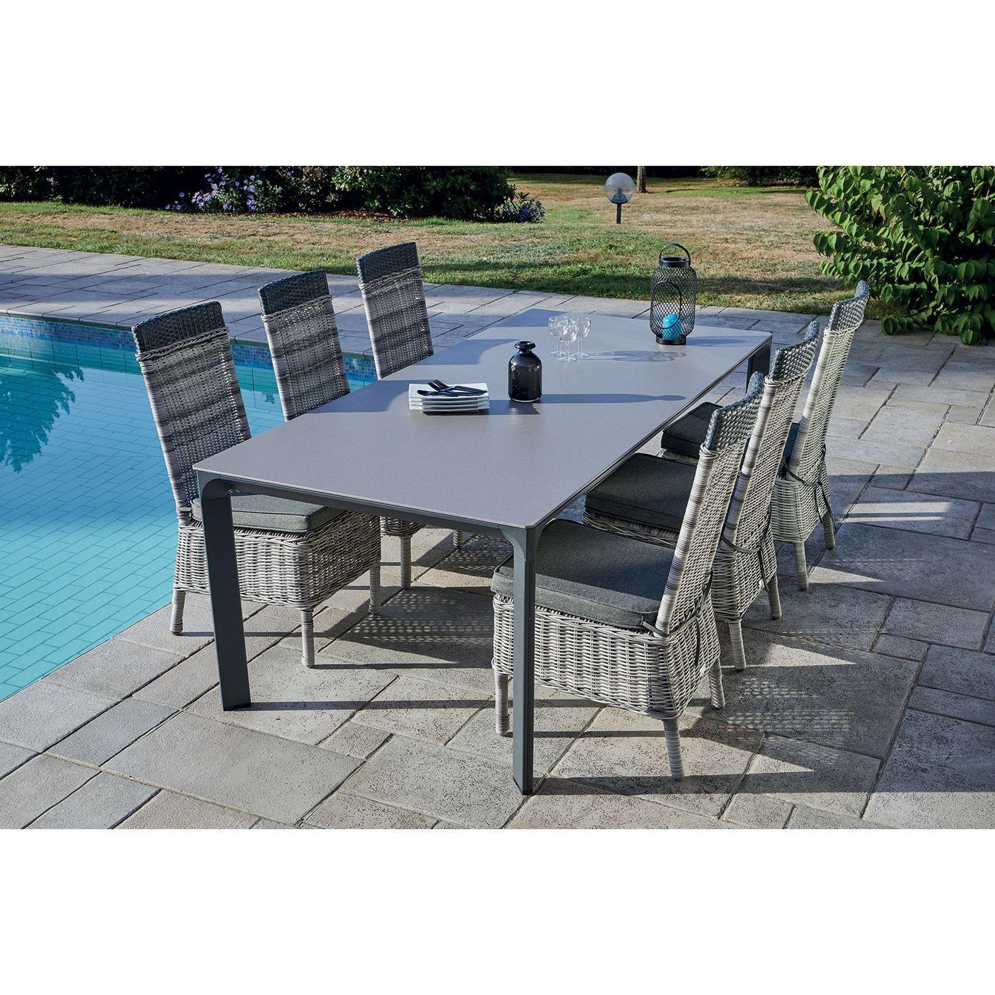 TOILINUX Ensemble table et 6 chaises de jardin en résine tressée 6 places faro - gris