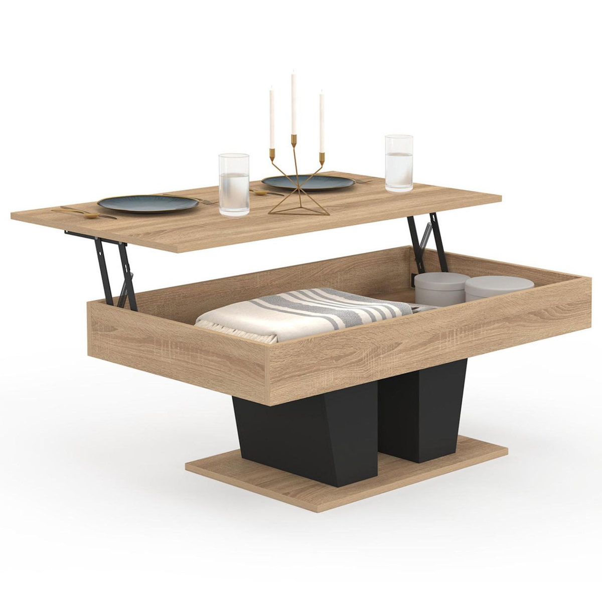 ID MARKET Table basse plateau relevable rectangulaire ELIAD bois et noir