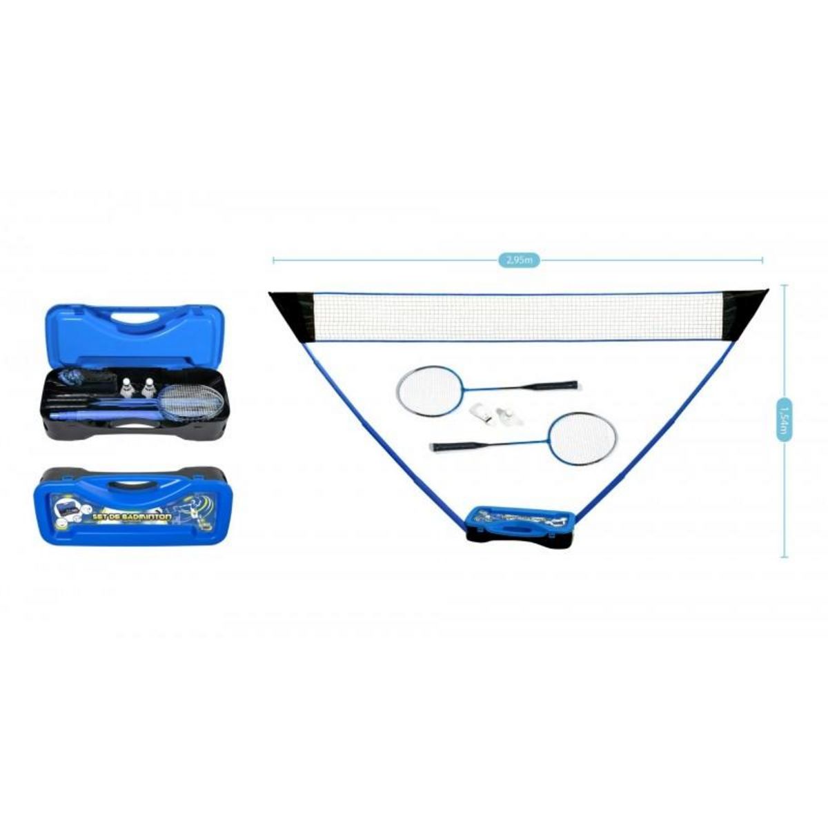 PLAY4FUN Set de Badminton complet avec filet 295 x 38 x 154 cm, raquettes, volants et étui de rangement