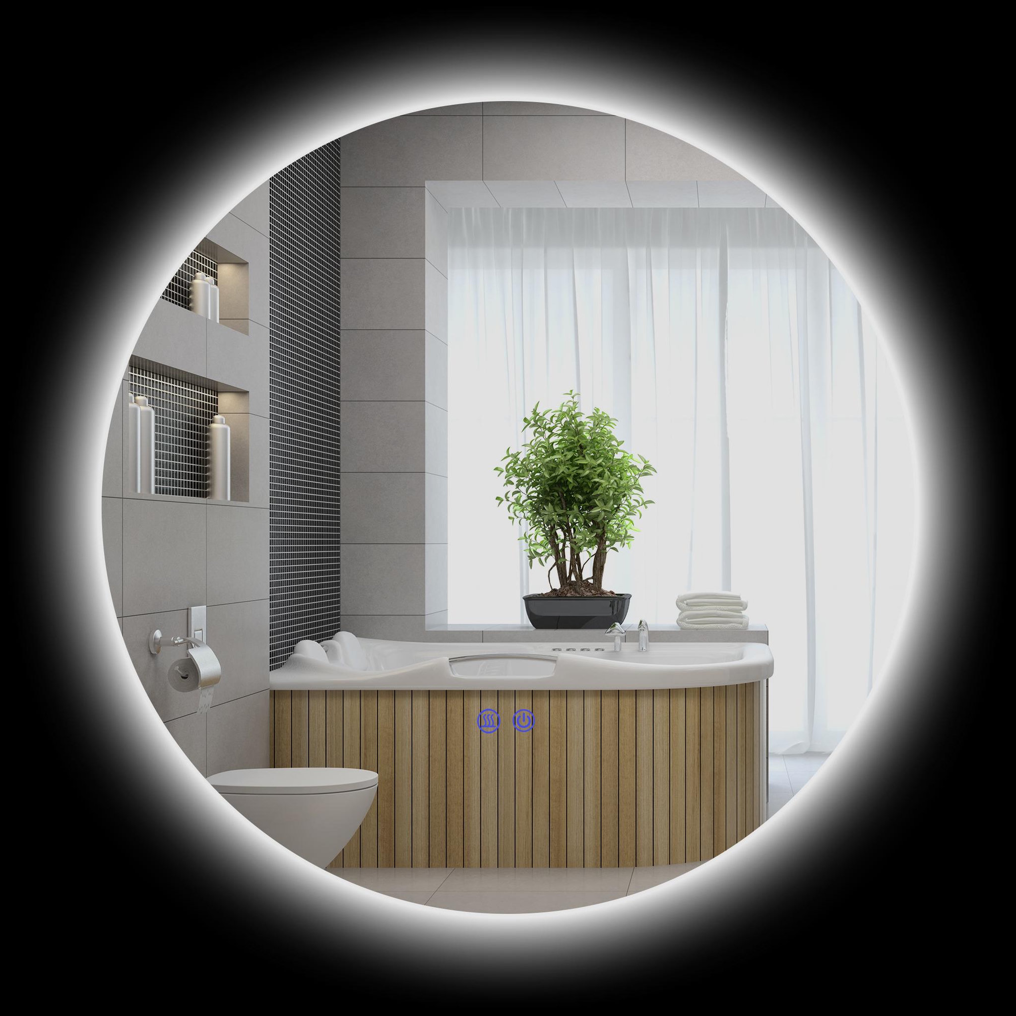 KLEANKIN Miroir rond lumineux LED de salle de bain 60 cm avec éclairage interrupteur tactile système antibuée miroir mural LED à luminosité réglable 29 W gris