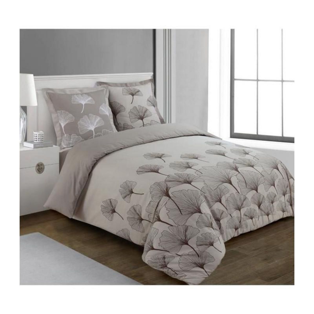 VISION Parure Housse de couette - VISION - Ginko - Parure réversible - 140 x 200 cm - 1 taie assortie 65 x 65 cm - Beige - 100% coton