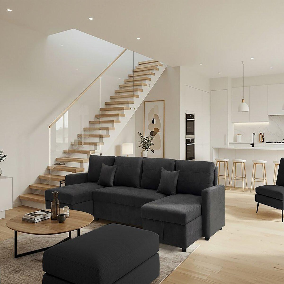 Habitat et Jardin Canapé panoramique convertible avec coffres de rangement  Antoine  - 5 places - Gris foncé