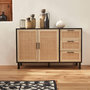 Voir la diapositive 4 : SWEEEK Buffet noir et cannage 120 x 40 x 75cm - Bianca - 3 tiroirs. 2 portes. 2 niveaux. 1 étagère. buffet bas