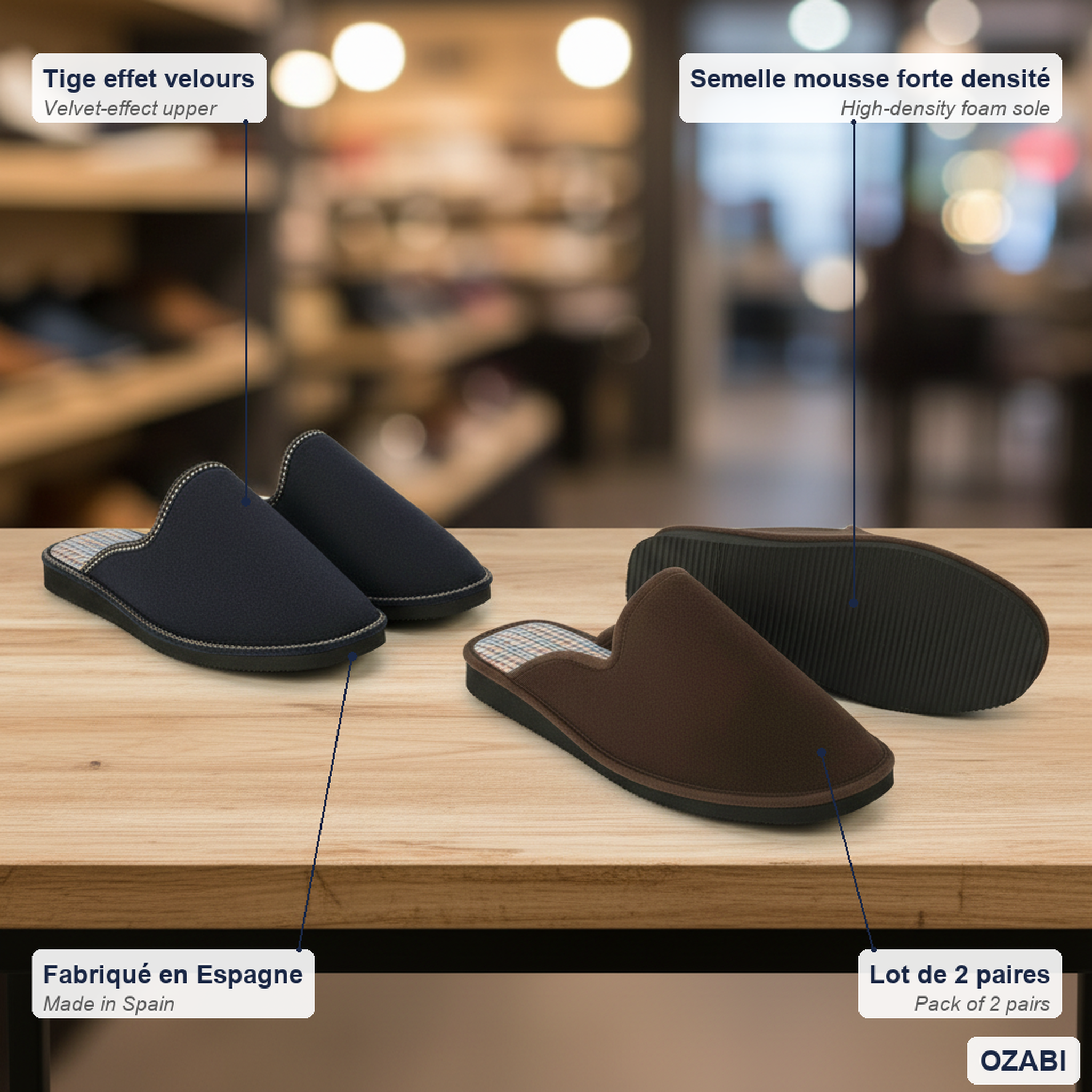 Voir la diapositive 5 : OZABI Ozabi pack de 2 paires pantoufles mules homme fabriquées en espagne