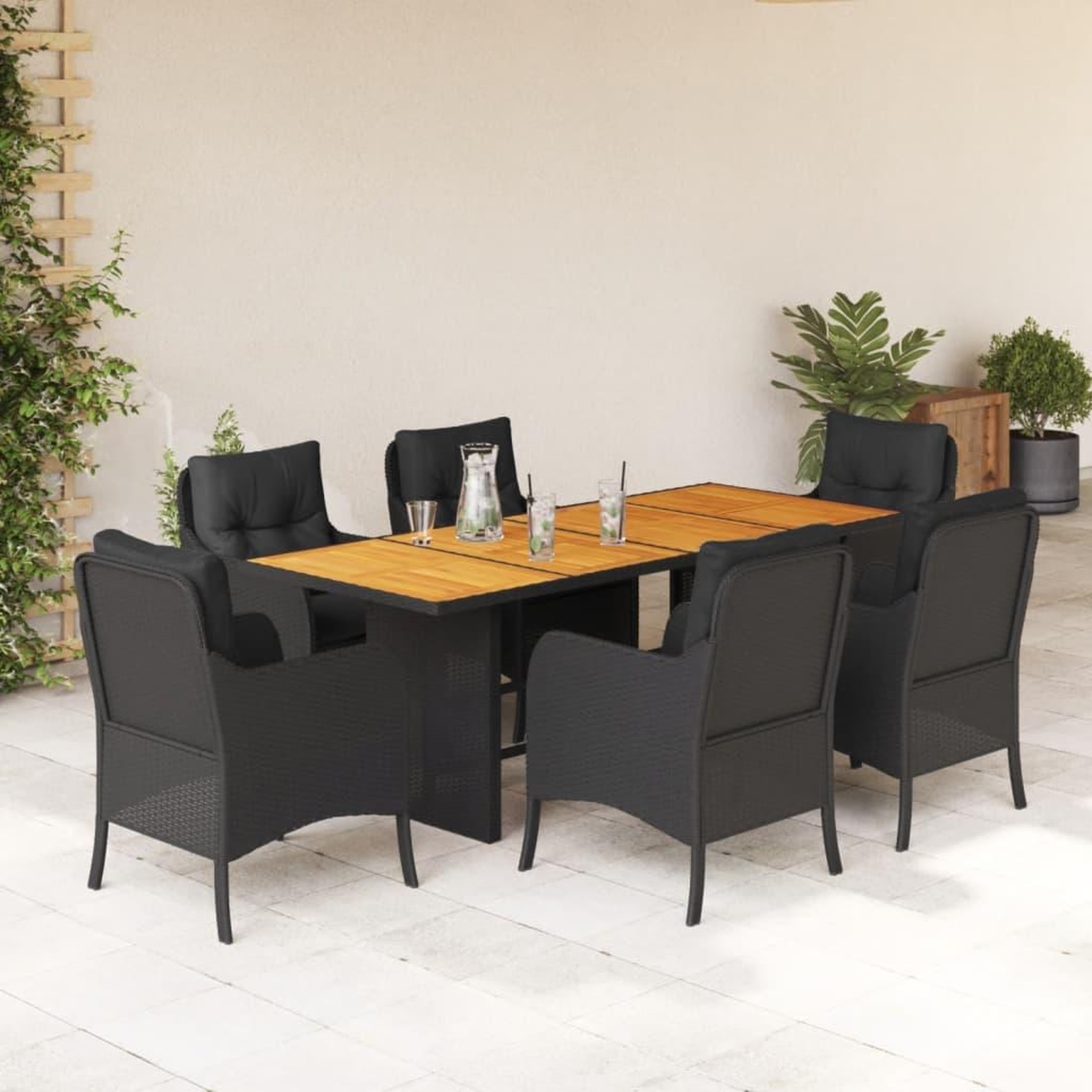 VIDAXL Ensemble a manger de jardin coussins 7pcs Noir Resine tressee