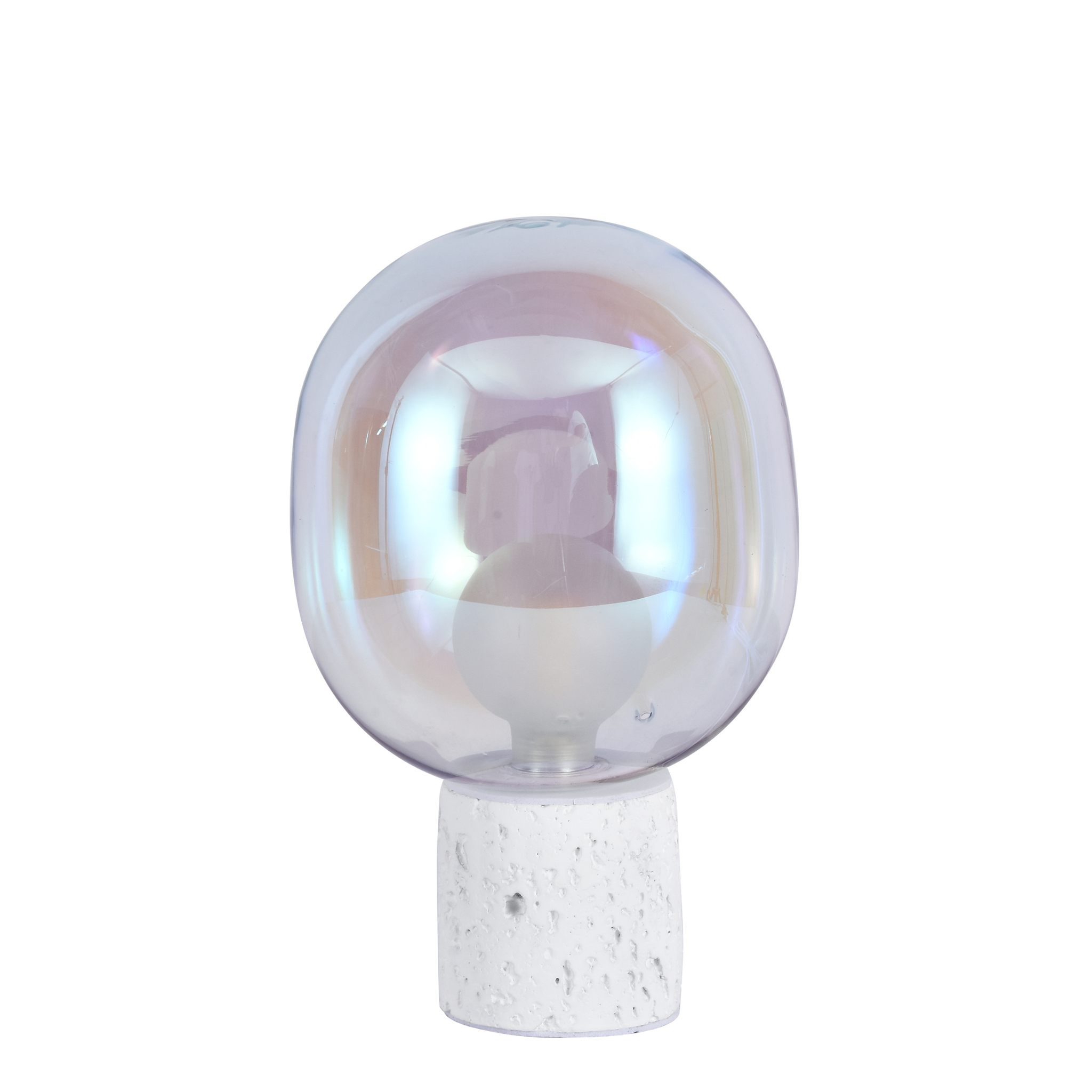 Voir la diapositive 3 : MAISON PAVANE Lampe à poser en verre irisé et béton blanc H24 cm-Bulle