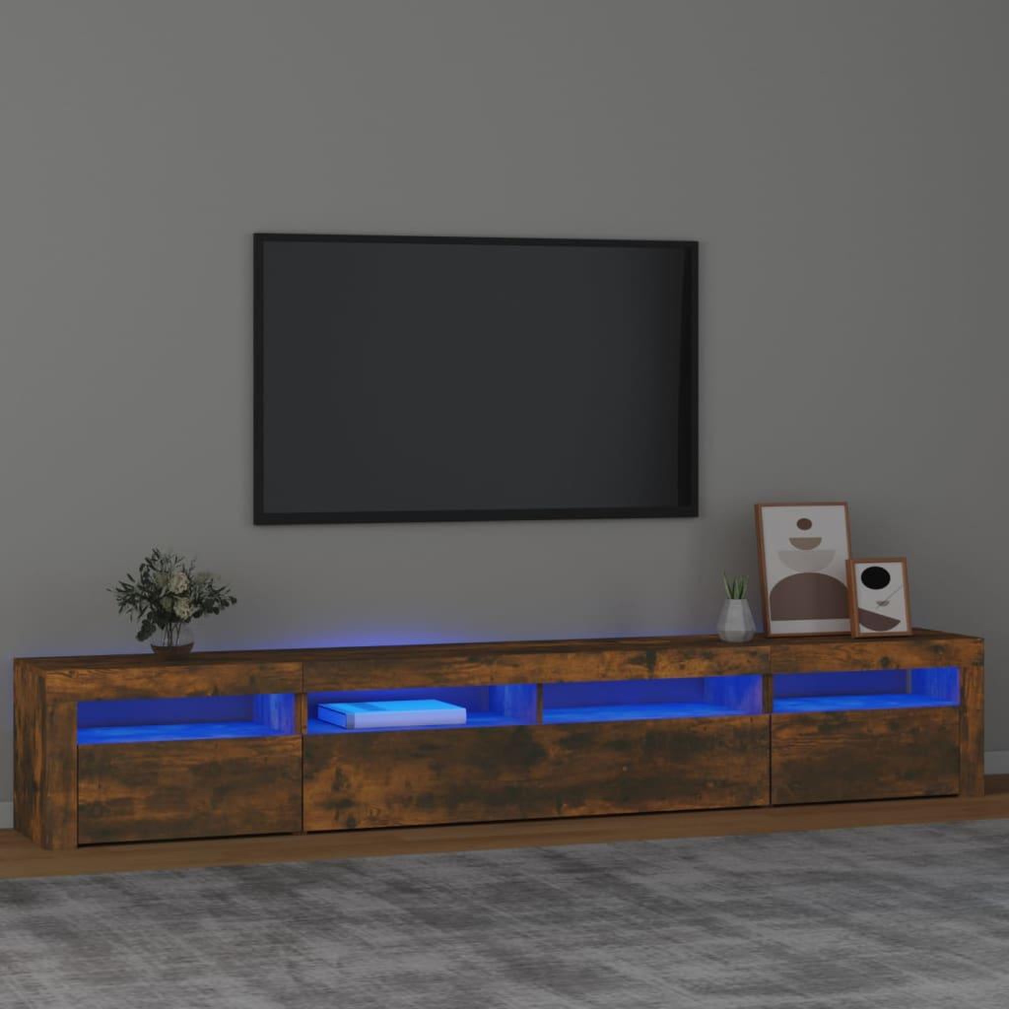 Voir la diapositive 1 : VIDAXL Meuble TV avec lumieres LED Chene fume 240x35x40 cm