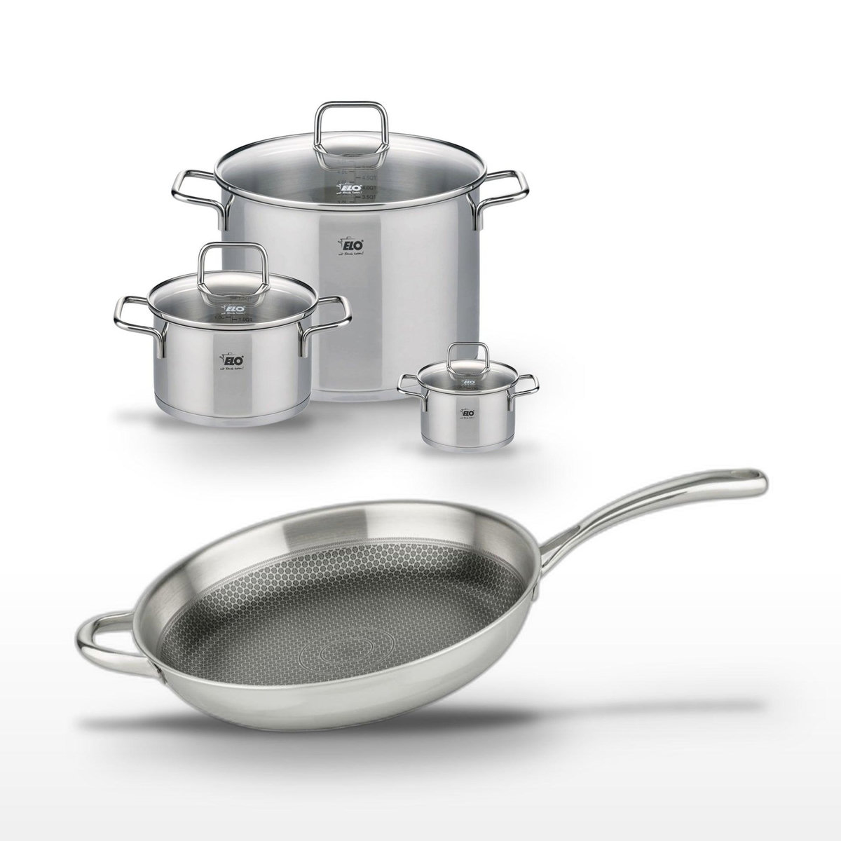 ELO Lot de 3 Faitouts 12/20/26 cm et Poêle 32 cm Elo Relief Evolution