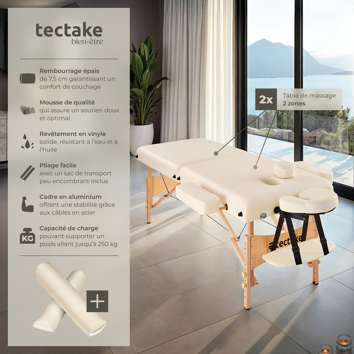 tectake Table de massage portable pliante 2 zones largeur 59 cm et rembourrage 7,5 cm beige