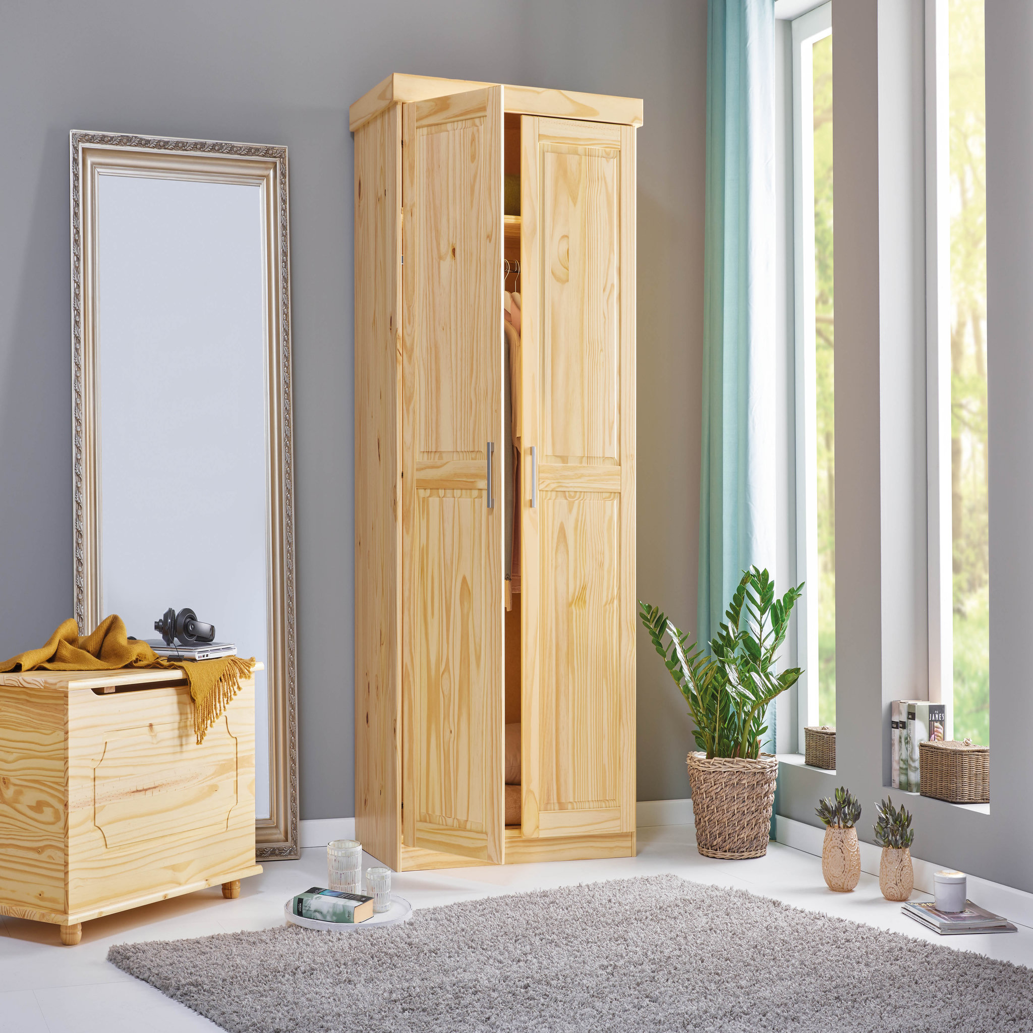 Voir la diapositive 8 :  Armoire de chambre 2 portes avec penderie pin massif naturel ULLI