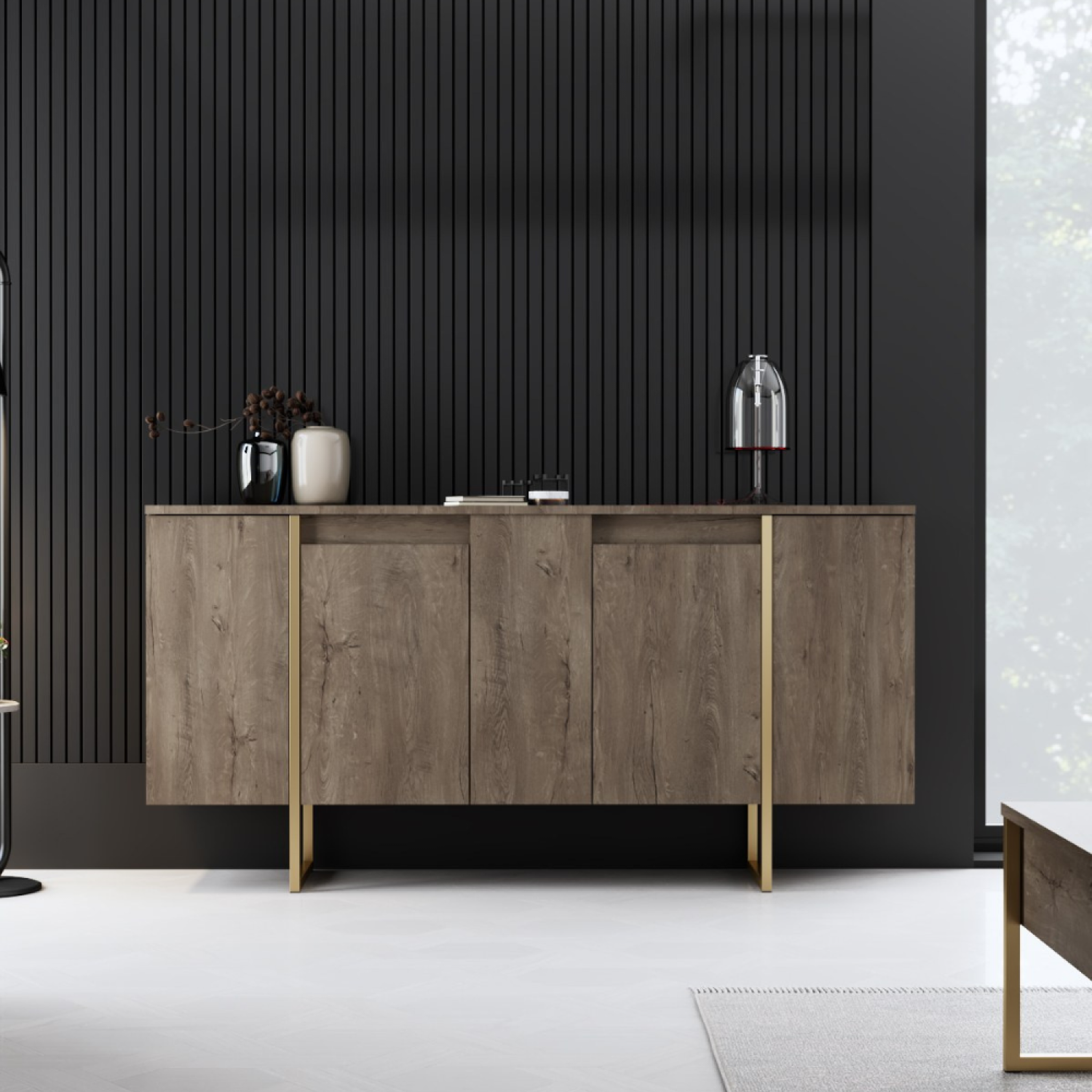 Voir la diapositive 2 : CONCEPT USINE Buffet design bois et or 160 cm - 4 portes luxor
