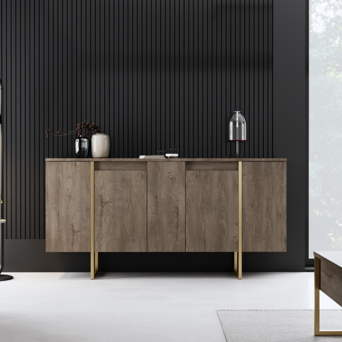 CONCEPT USINE Buffet design bois et or 160 cm - 4 portes LUXOR