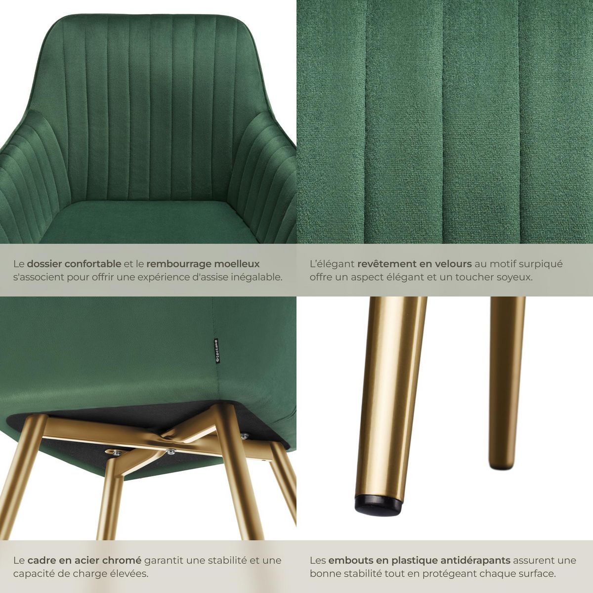 tectake Chaise de salle à manger en velours matelassé et rembourré vert foncé/or