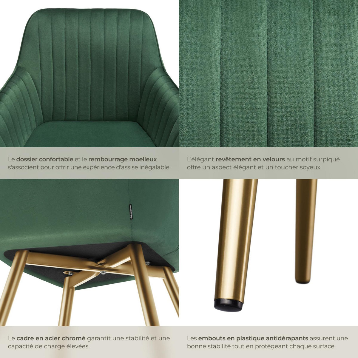 tectake Chaise de salle à manger en velours matelassé et rembourré vert foncé/or