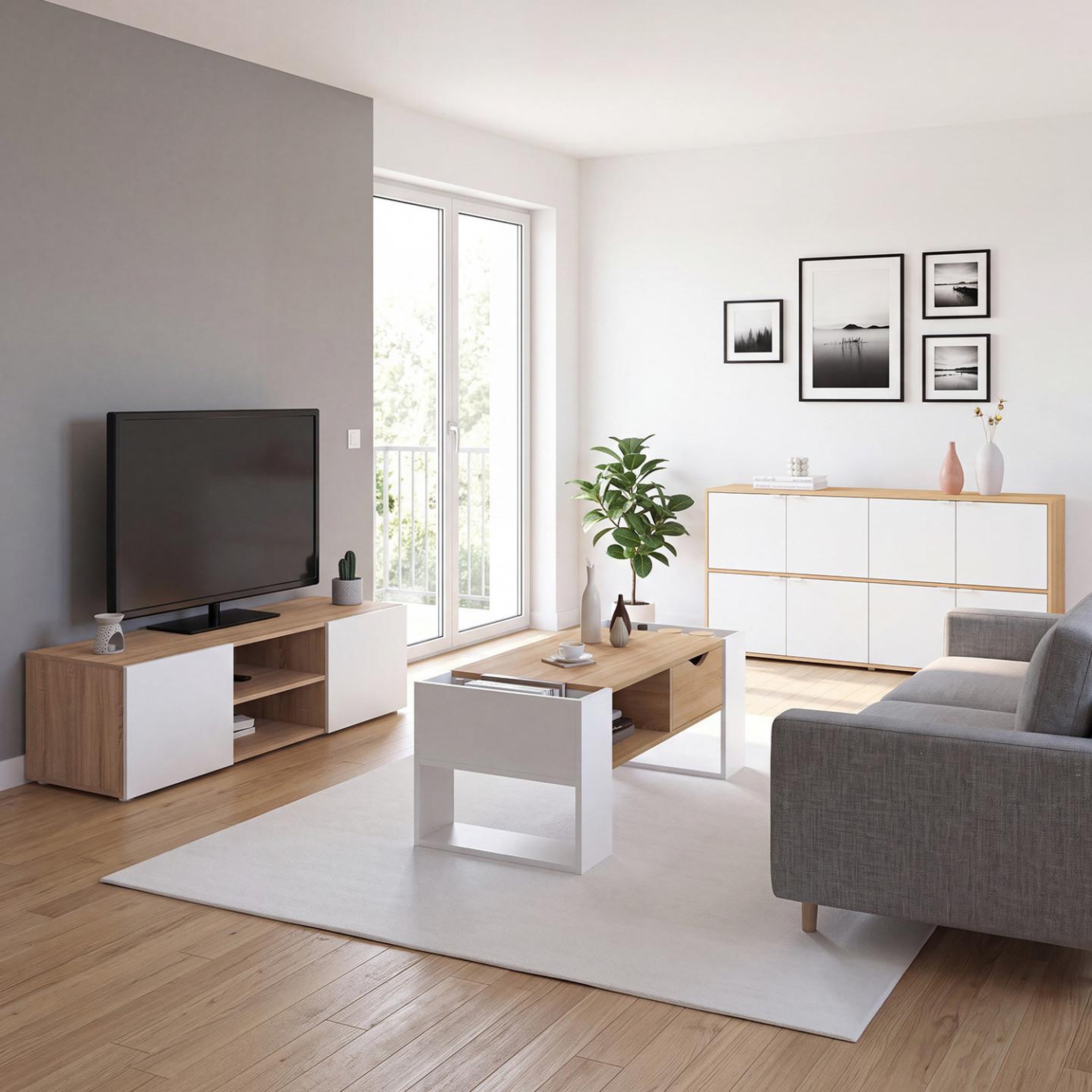 Voir la diapositive 6 : ID MARKET Meuble tv 113 cm eli bois façon hêtre portes blanches