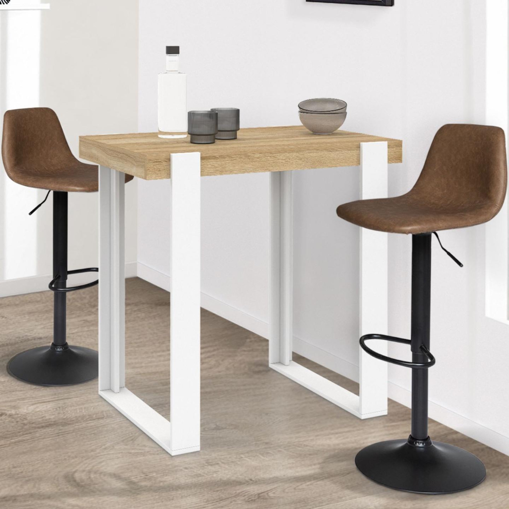 Voir la diapositive 2 : ID MARKET Table haute de bar phoenix bois et blanc 90 cm