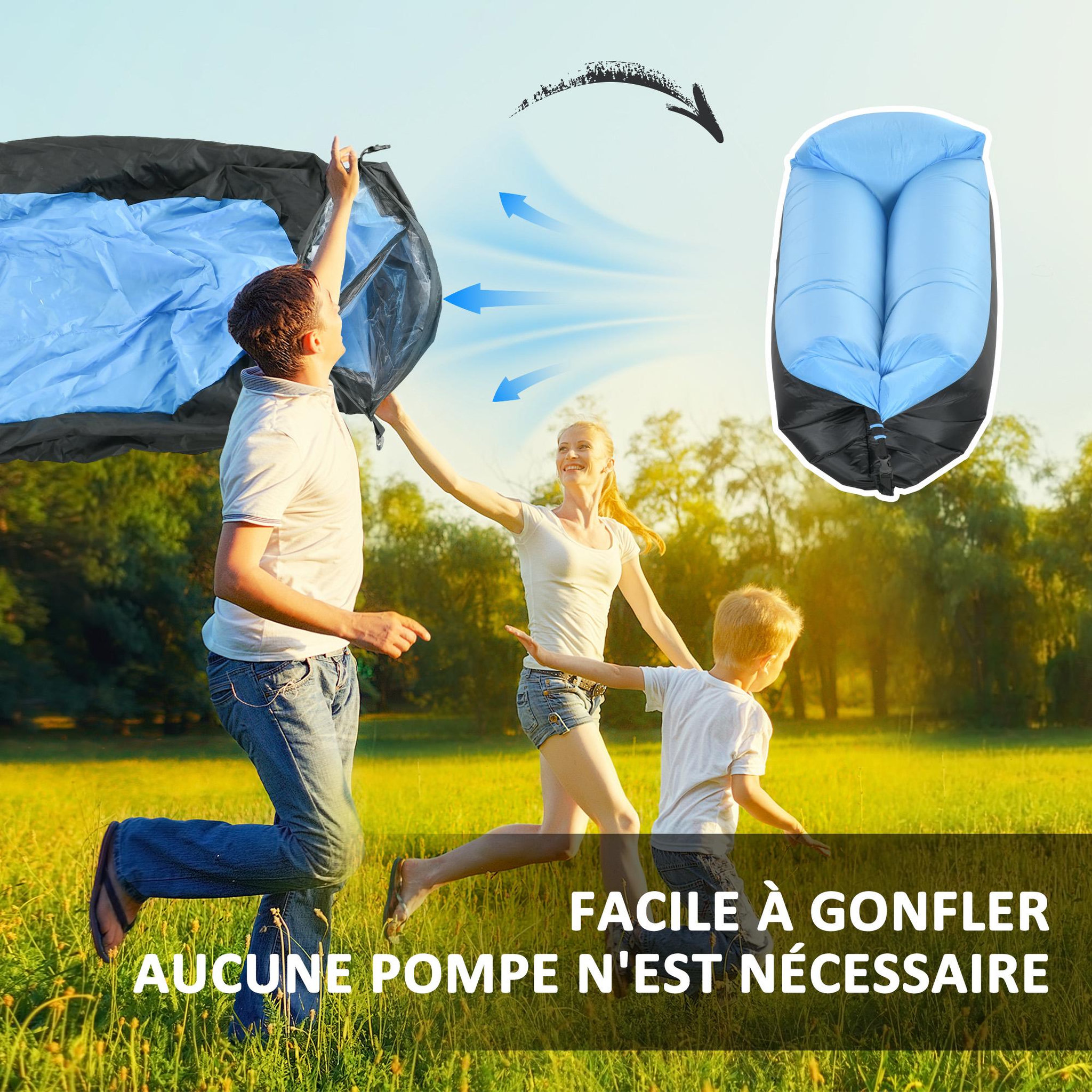 Voir la diapositive 4 : OUTSUNNY Hamac gonflable transat gonflable pliable en sac avec bandoulière double couche PE nylon bicolore bleu noir