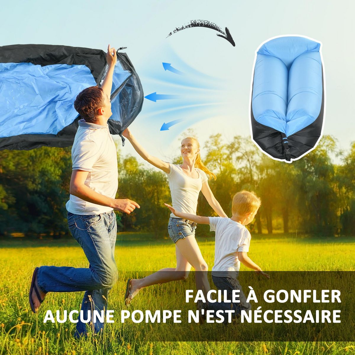 OUTSUNNY Hamac gonflable transat gonflable pliable en sac avec bandoulière double couche PE nylon bicolore bleu noir