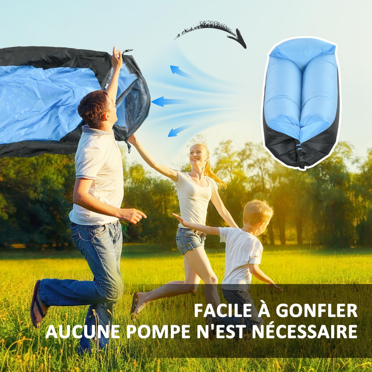 OUTSUNNY Hamac gonflable transat gonflable pliable en sac avec bandoulière double couche PE nylon bicolore bleu noir