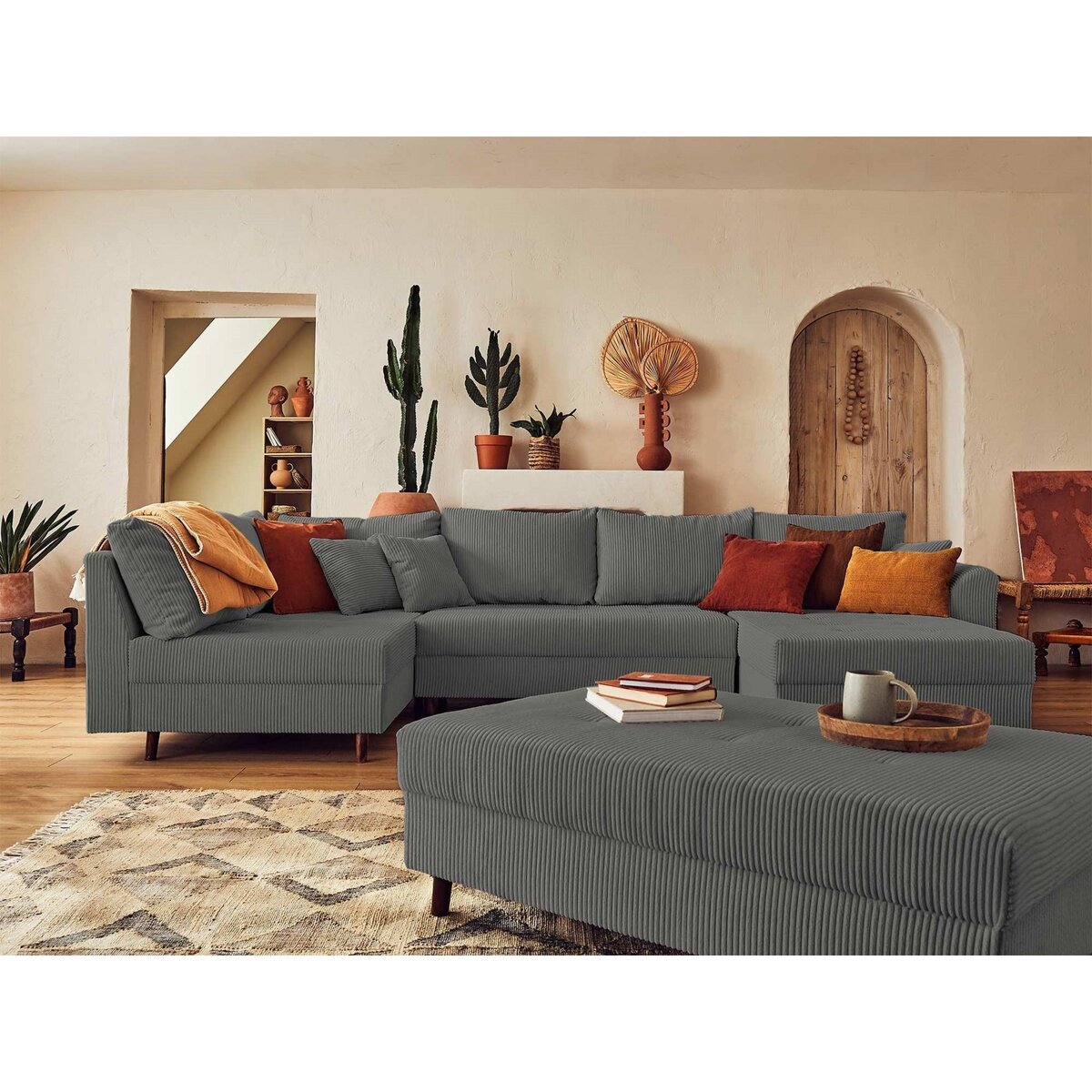 LISA DESIGN Rune - canapé panoramique d'angle gauche - 7 places - avec pouf d'appoint - en velours côtelé