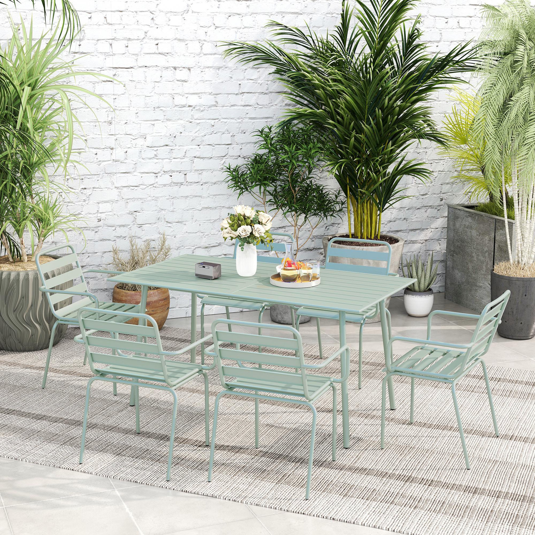 Voir la diapositive 5 : OUTSUNNY Salon de jardin 6 places 7 pièces - table à manger 6 chaises empilables - acier thermolaqué verre d'eau