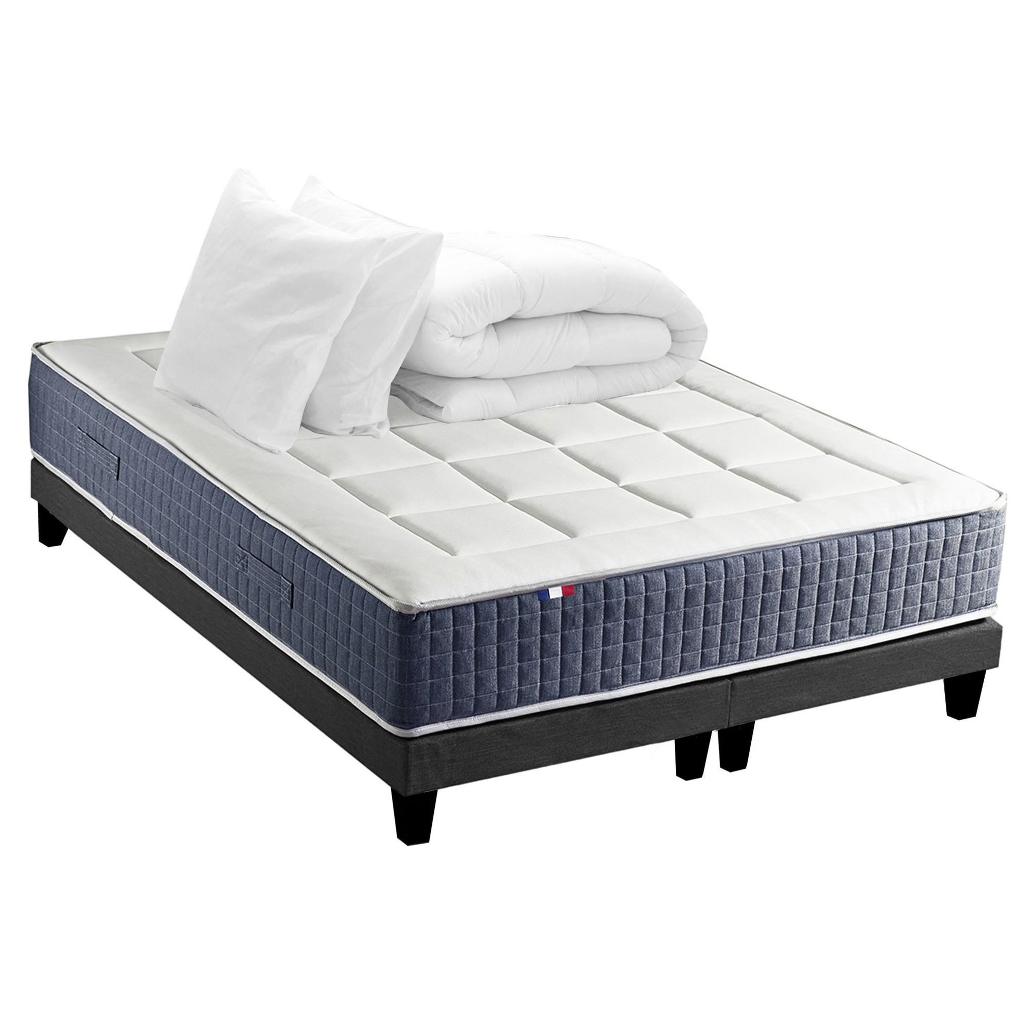 Voir la diapositive 1 : IDLITERIE Ensemble Matelas Ressort 7 zones + Mémoire de forme + Sommier KING STYLE + couette + oreillers - Fabriqué en France