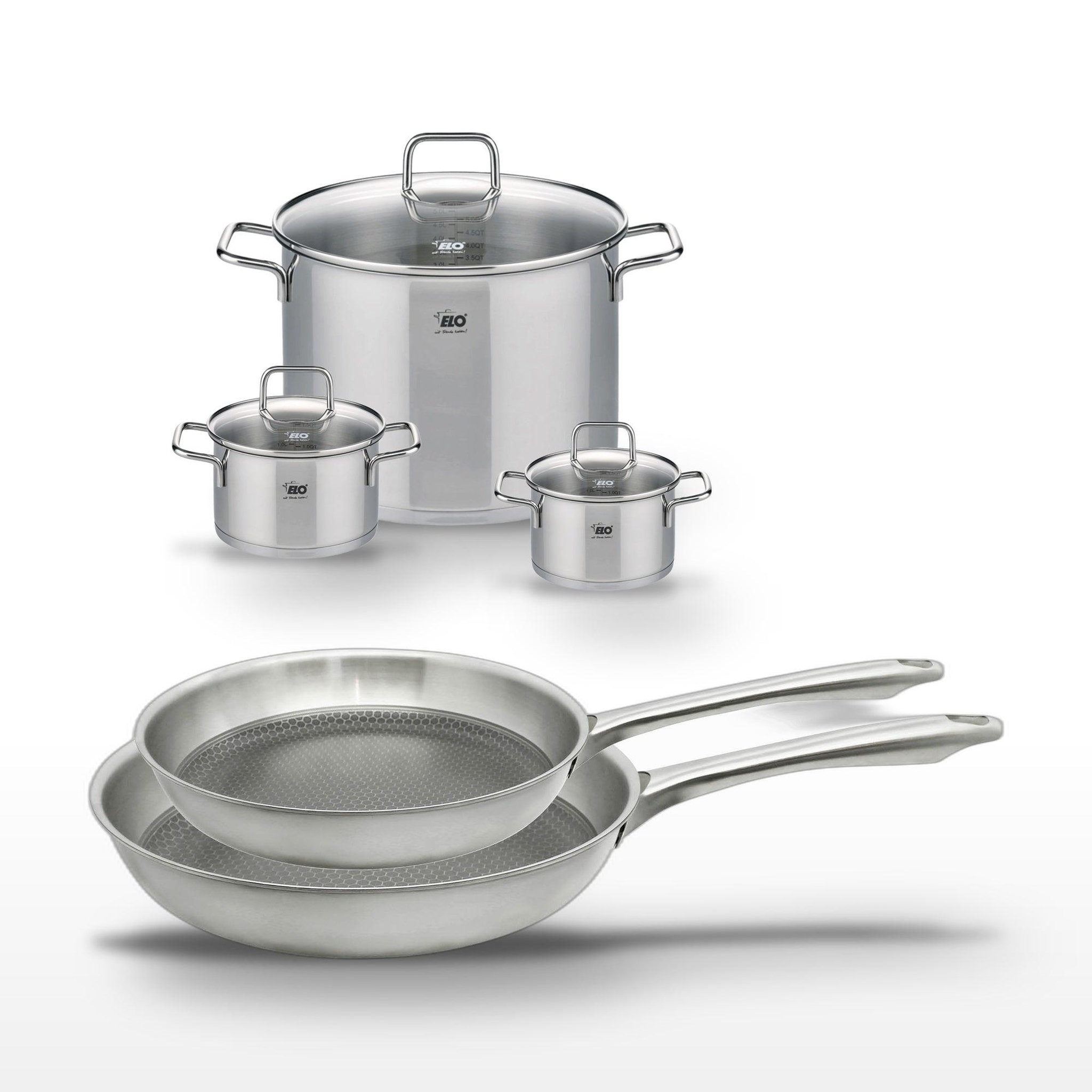 ELO Lot de 2 poêles 24/28cm et 3 faitouts elo relief passion