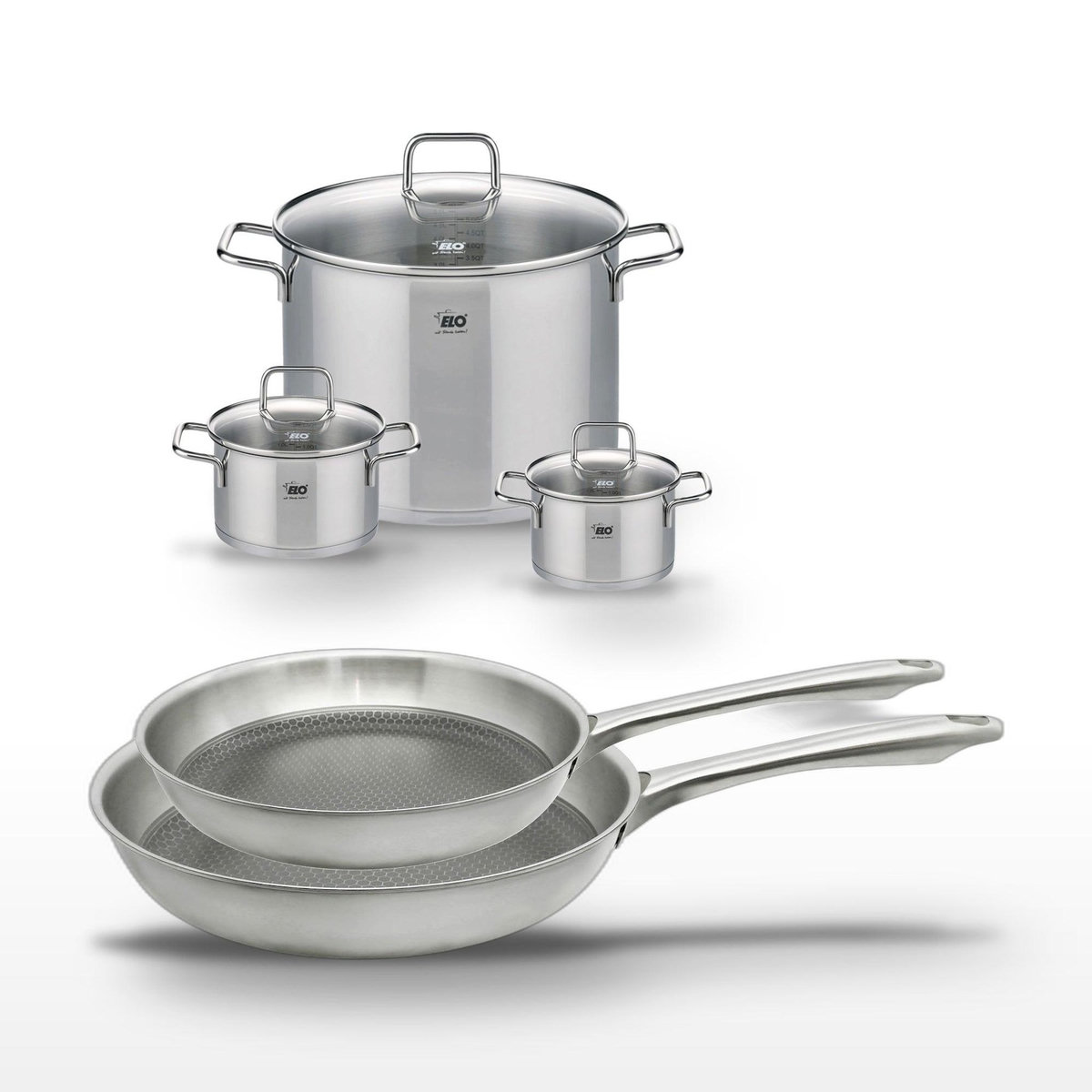 ELO Lot de 2 Poêles 24/28cm et 3 Faitouts Elo Relief Passion