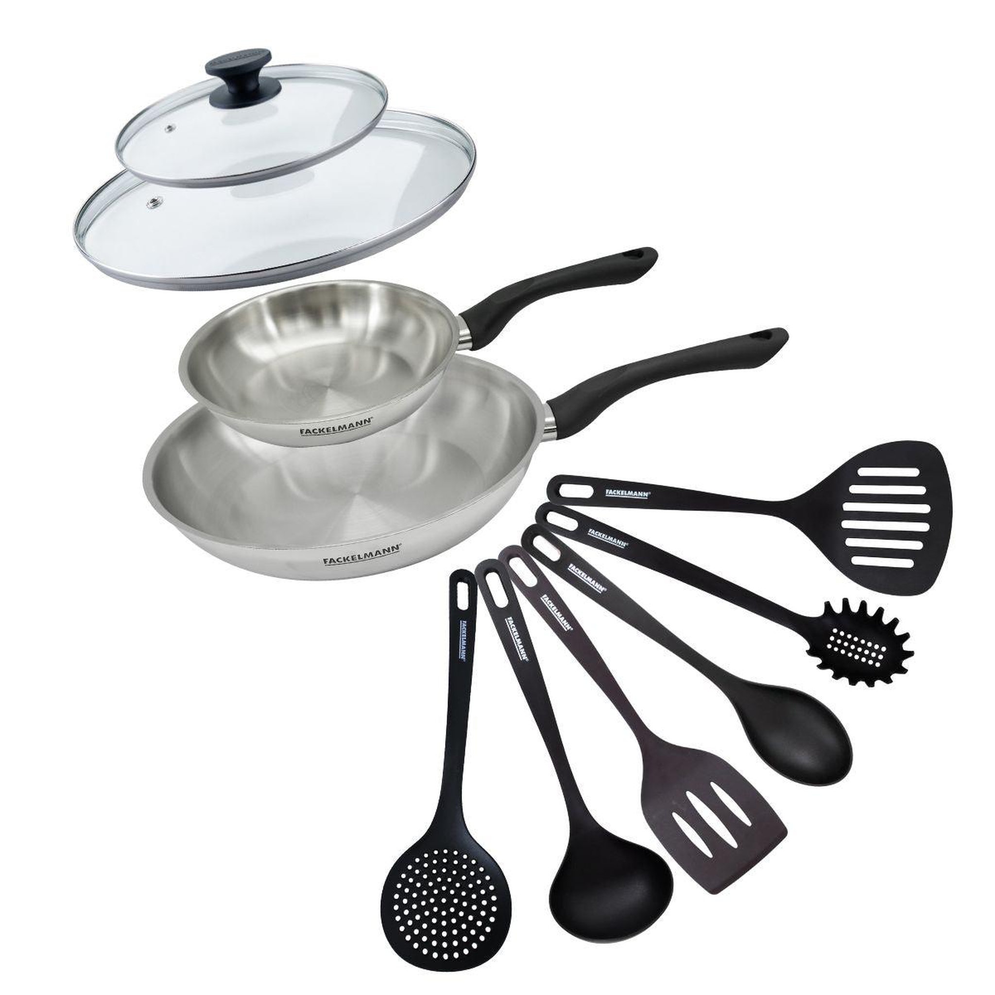 Fackelmann Set 2 poêles 20 et 28 cm en inox, couvercles verre et 6 ustensiles fackelmann geneva