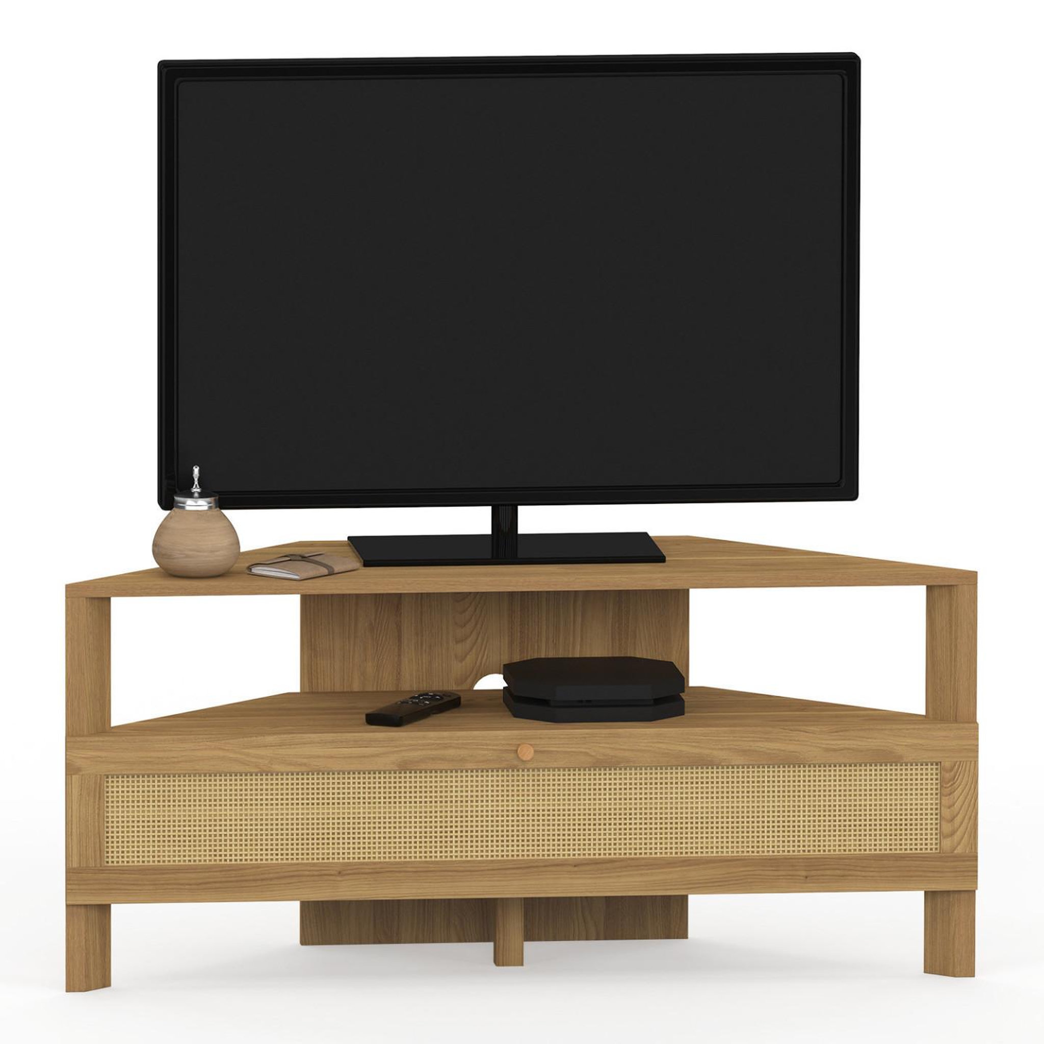 ID MARKET Meuble tv 100 cm d'angle hanae 1 porte effet naturel cannage