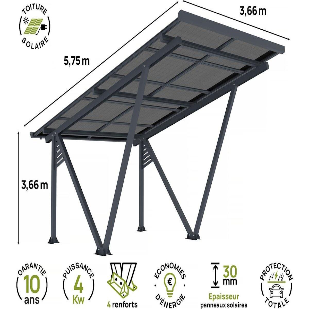 Habitat et Jardin Ombrière Carport solaire avec panneaux photovoltaïques - 366 x 575 x 366 cm - Gris - 4,1 kW