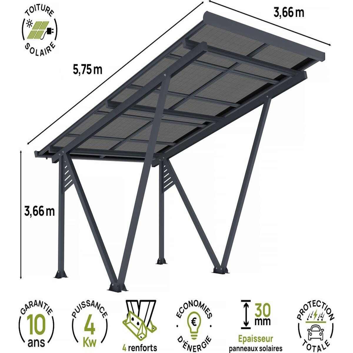 Habitat et Jardin Ombrière Carport solaire avec panneaux photovoltaïques - 366 x 575 x 366 cm - Gris - 4,1 kW