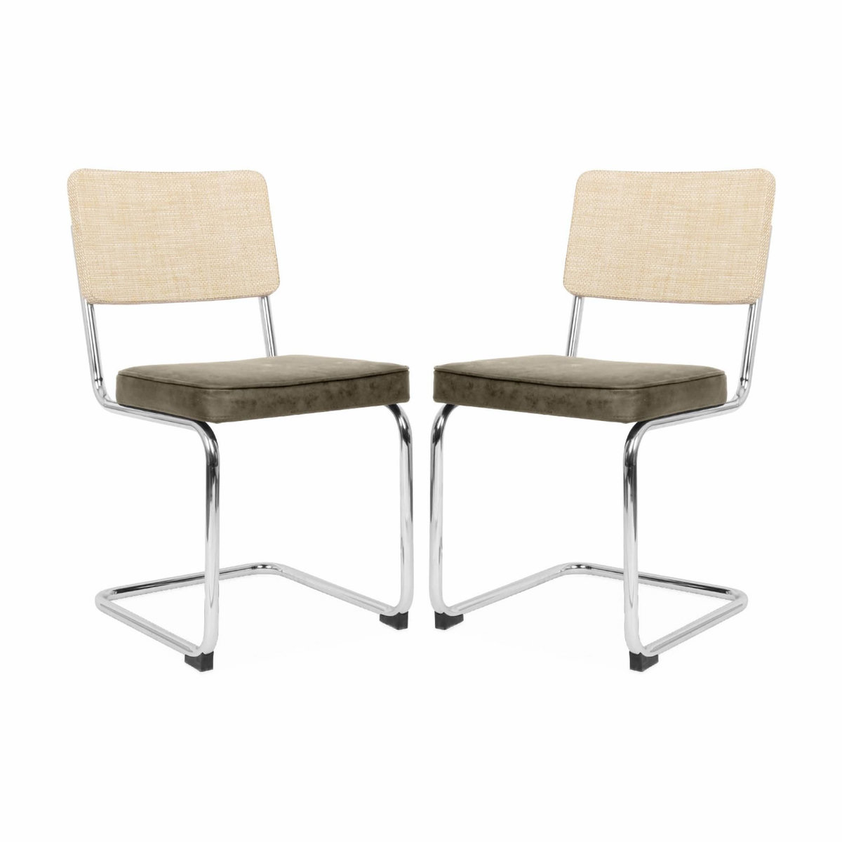 SWEEEK 2 chaises cantilever - Maja - tissu kaki et résine effet rotin. 46 x 54.5 x 84.5cm