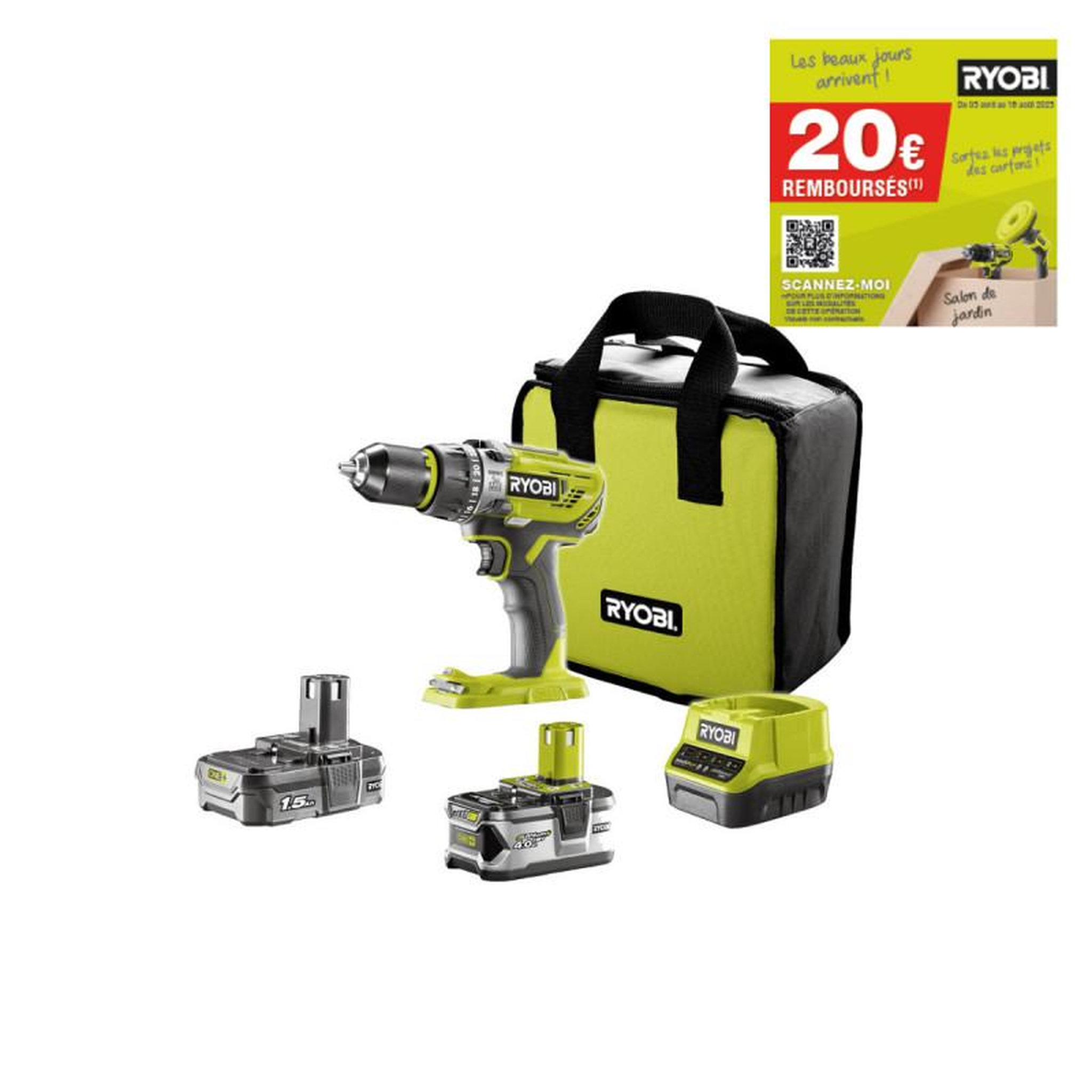 Voir la diapositive 1 : Ryobi Perceuse-visseuse 2 vitesses RYOBI 18V ONEPLUS - 2 Batteries LithiumPlus 4,0 Ah et 1,5Ah - 1 charge