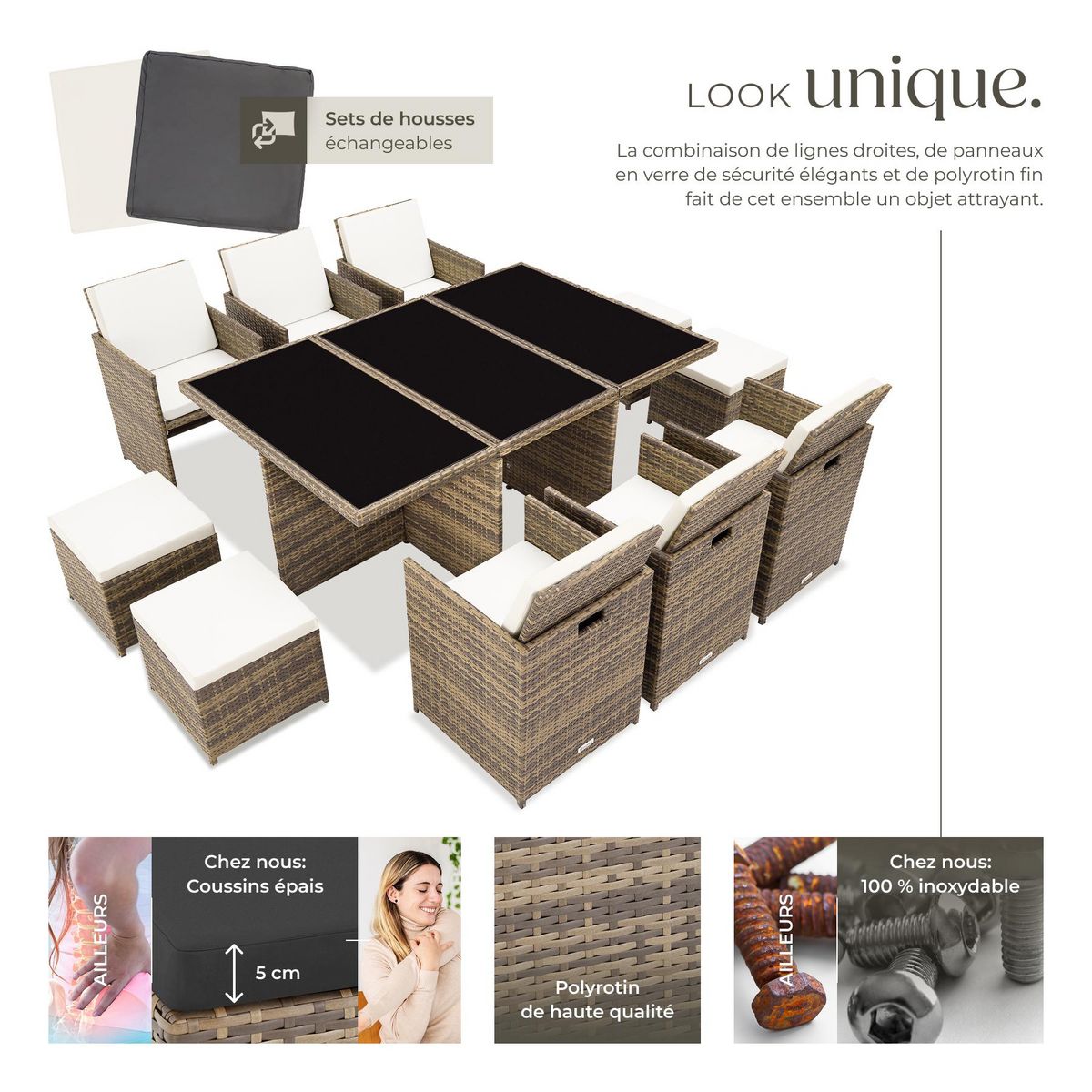 tectake Salon de jardin avec cadre en aluminium marron naturel