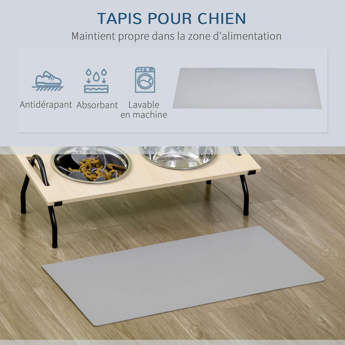 PAWHUT Gamelle double chien porte-gamelles surélevé 2 gamelles anti-glouton acier inox et tapis inclus acier noir plateau aspect bois clair