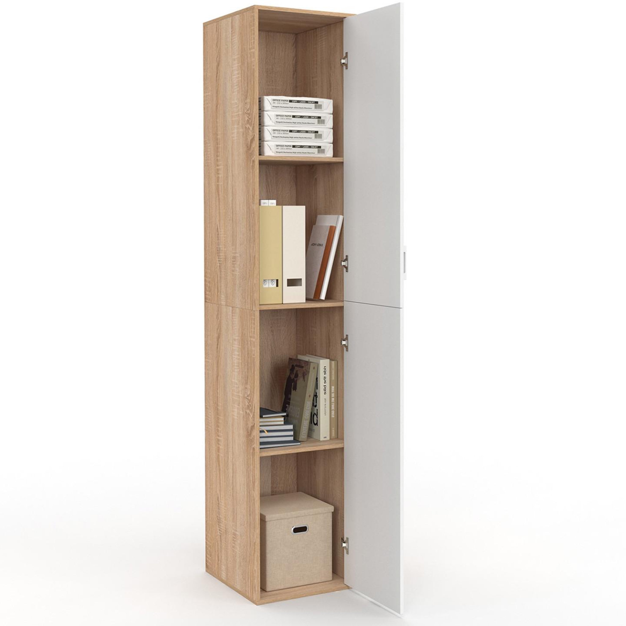 Voir la diapositive 4 : ID MARKET Armoire de bureau 180 cm multifonction sylvia blanc et bois 1 porte 3 étagères