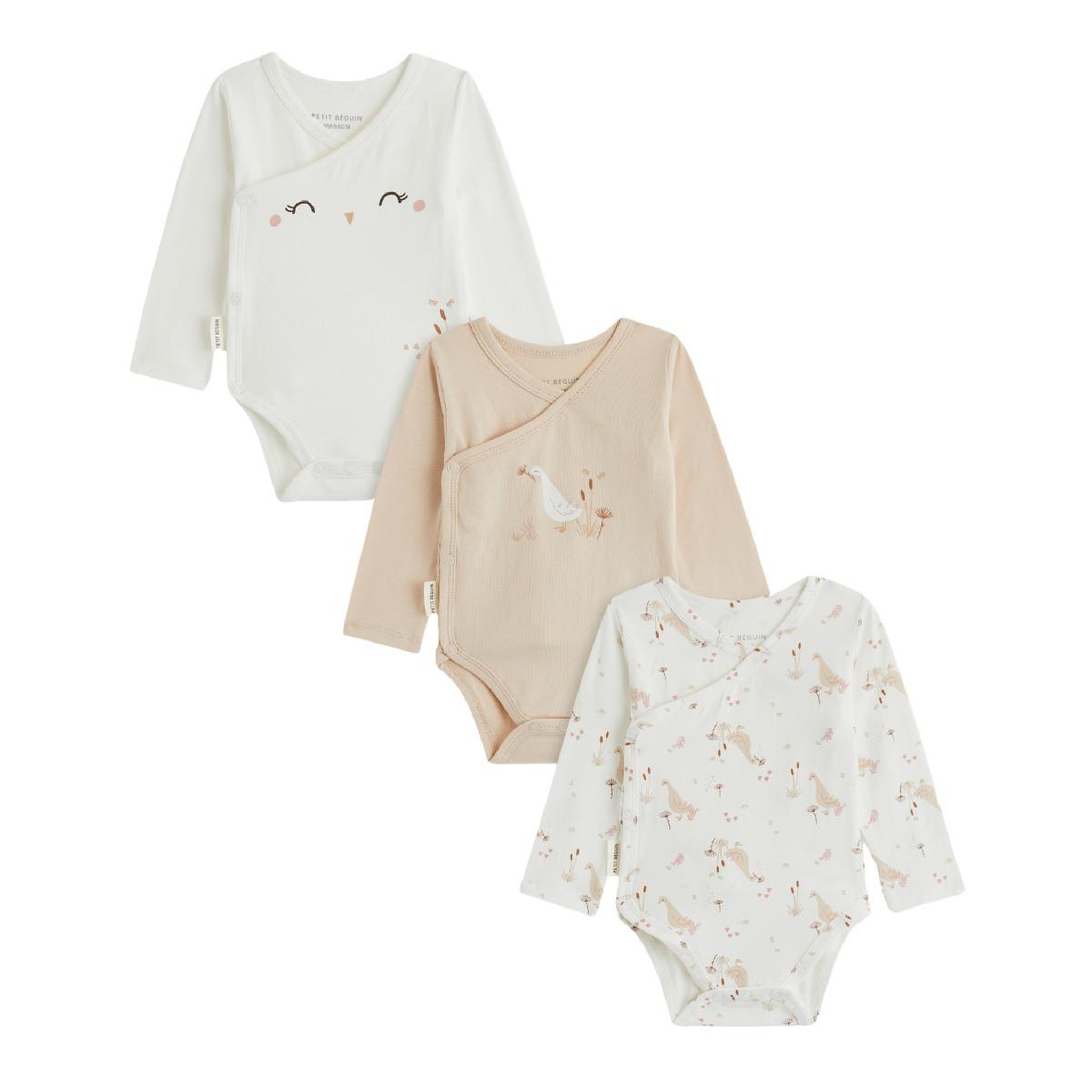 PETIT BEGUIN Lot de 3 bodies bébé manches longues ouverture croisée Margot. Coloris disponibles : Beige