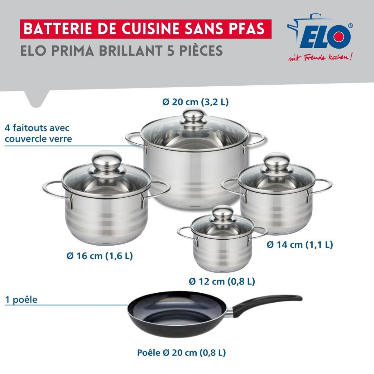 ELO Ensemble de 1 Poêle de cuisson 20 cm et 4 faitouts 12, 14, 16 et 20 cm Elo Prima Brillant