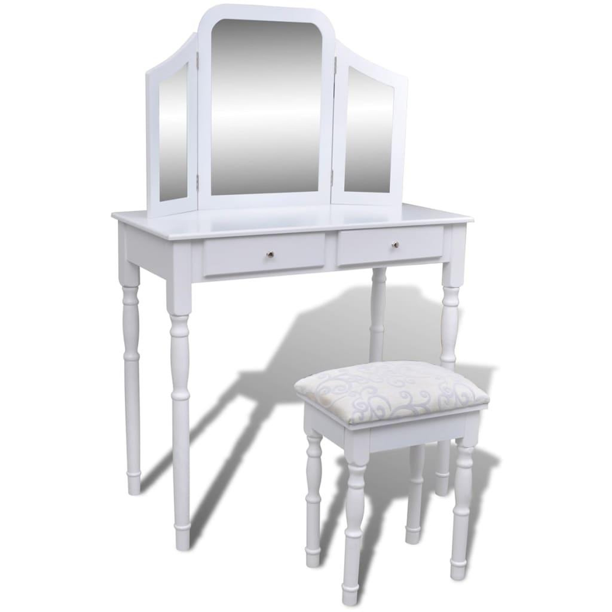 VIDAXL Coiffeuse avec miroir et tabouret 2 tiroirs blanc