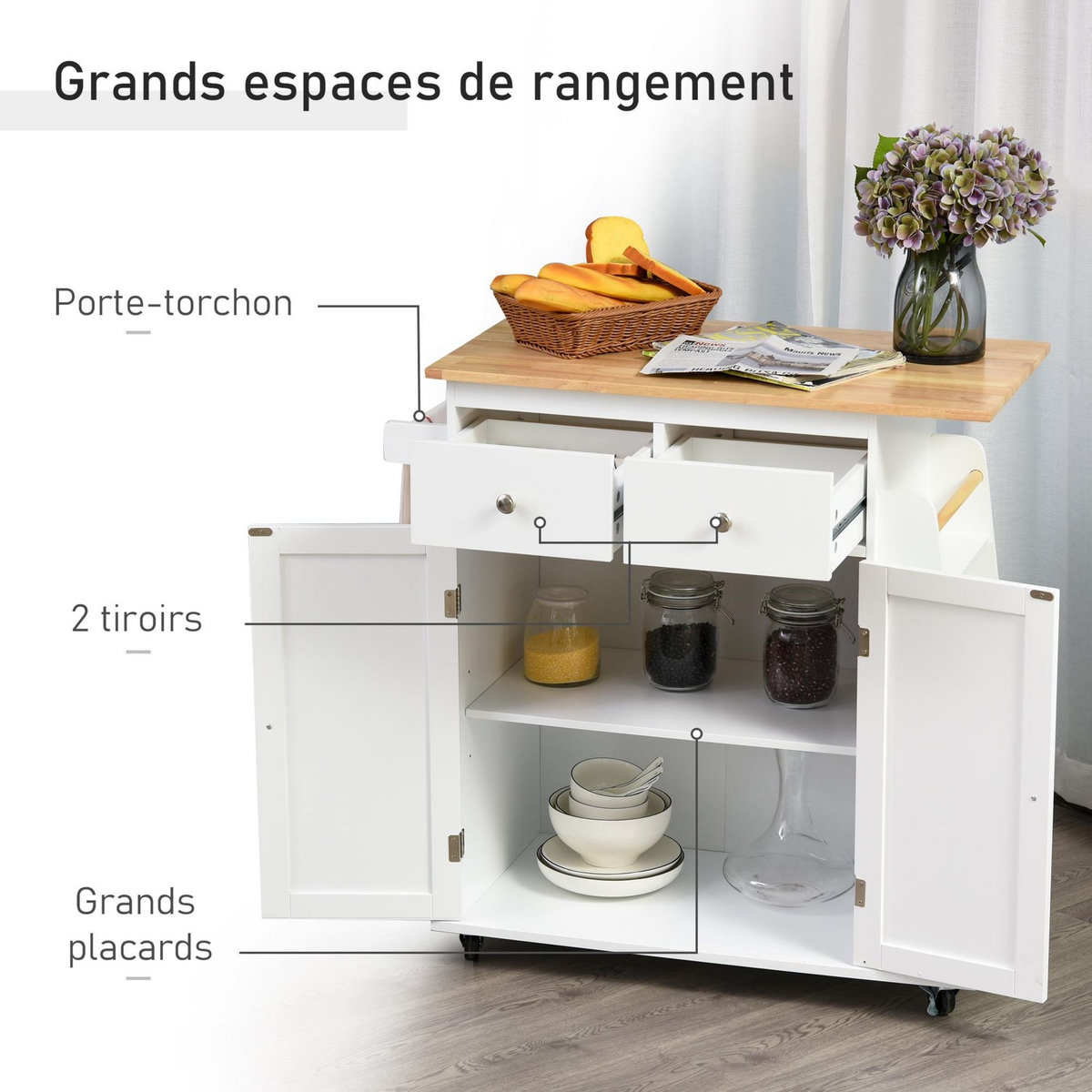 HOMCOM Desserte de cuisine multi rangements 2 tiroirs placard 2 portes avec étagère 3 range-bouteilles porte-torchons MDF hévéa