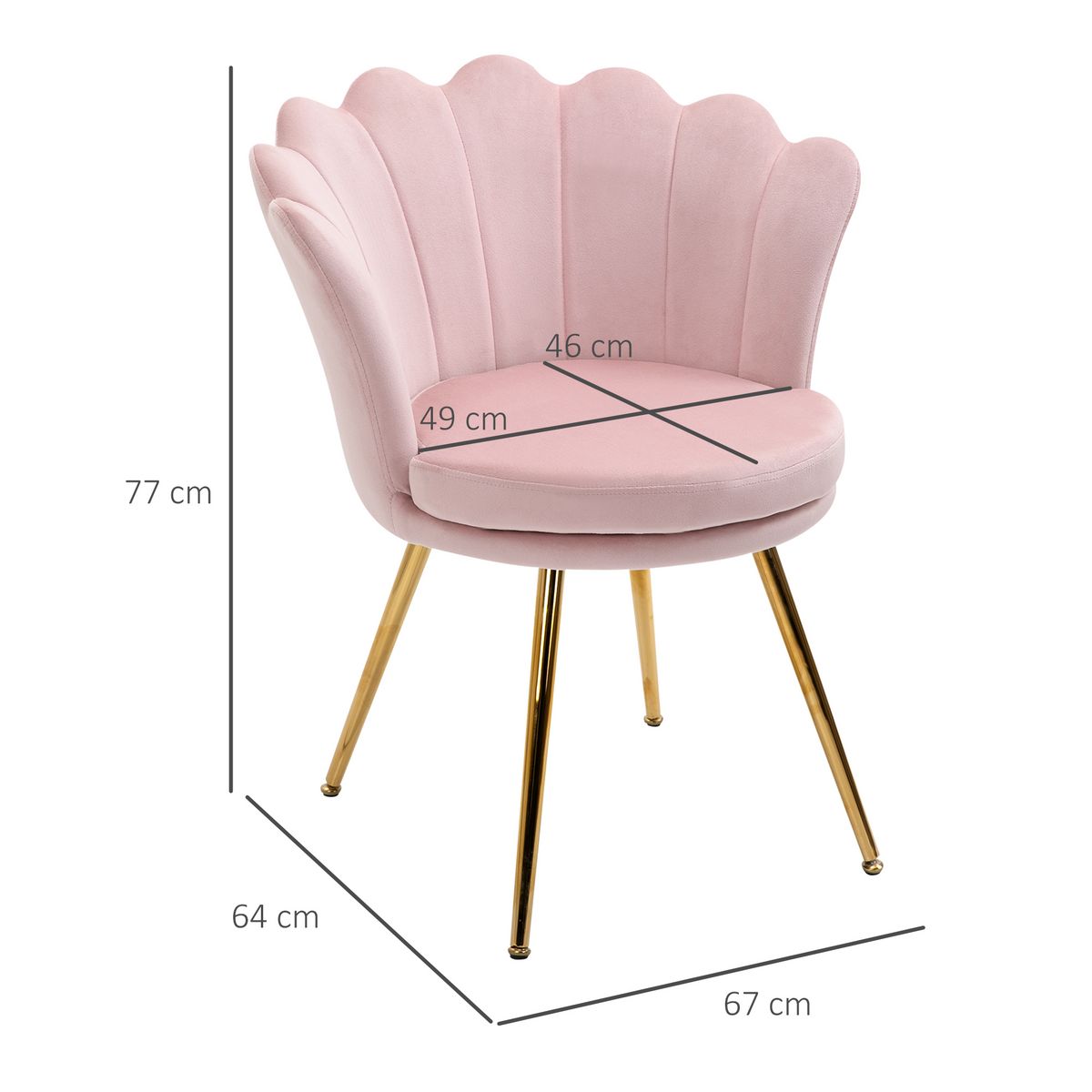 HOMCOM Chaise coquillage chaise design pieds métal dorés effilés velours rose poudré