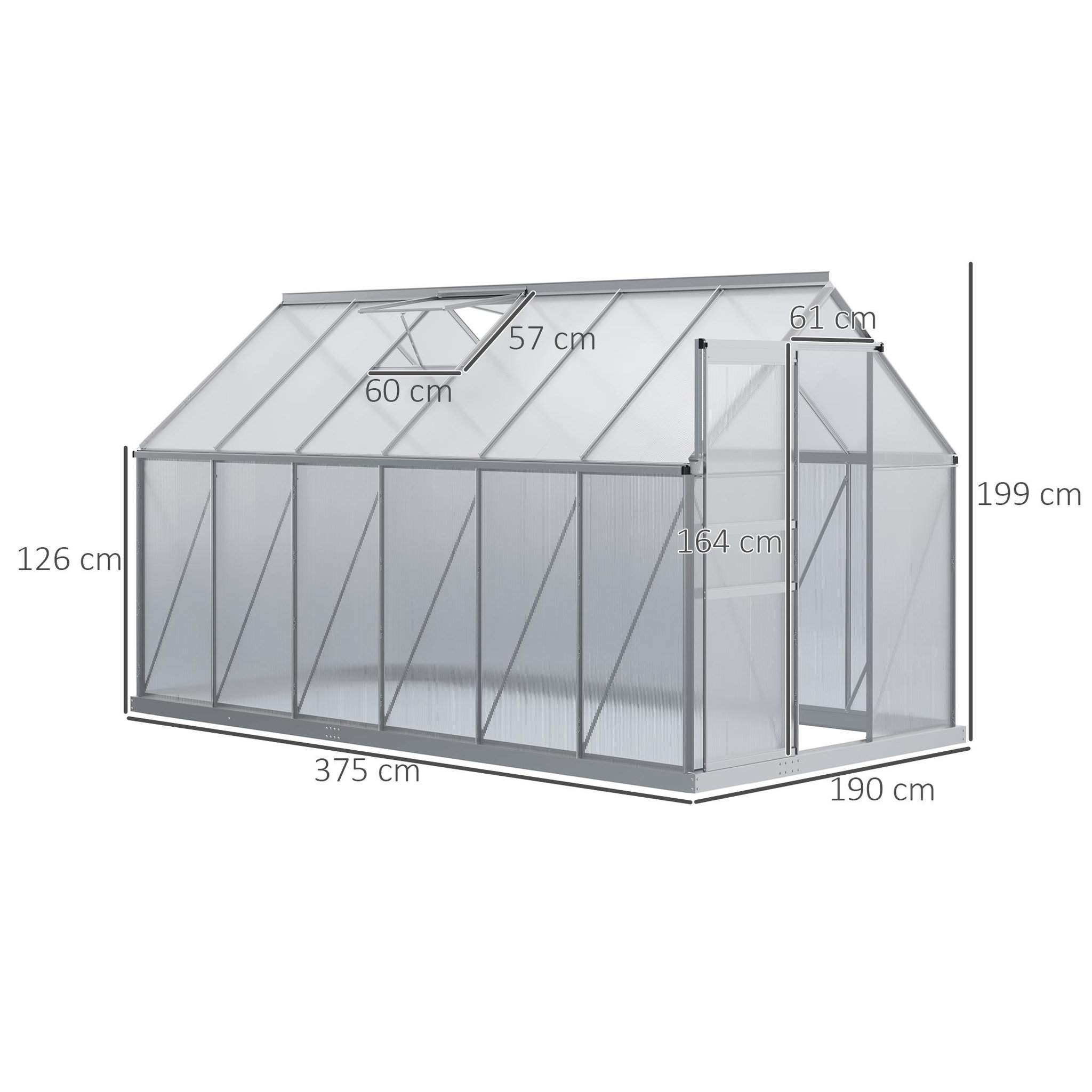 Voir la diapositive 3 : OUTSUNNY Serre de jardin aluminium polycarbonate 7,12 m² dim. 3,75l x 1,9l x 2h m lucarne réglable fondation porte coulissante