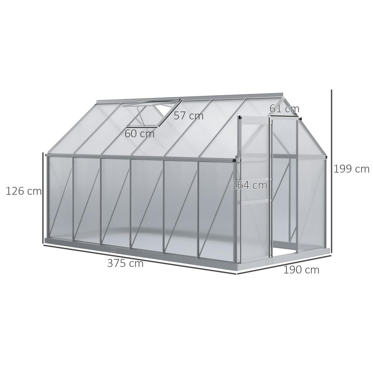 OUTSUNNY Serre de jardin aluminium polycarbonate 7,12 m² dim. 3,75L x 1,9l x 2H m lucarne réglable fondation porte coulissante