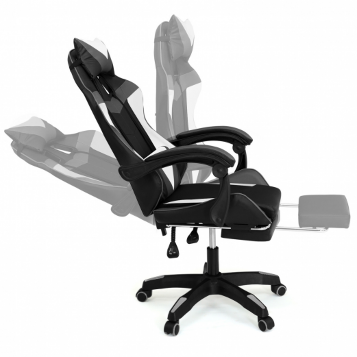 ID MARKET Fauteuil de gaming ALEX réglable avec repose-pied, coussin de tête et coussin lombaire noir blanc et gris