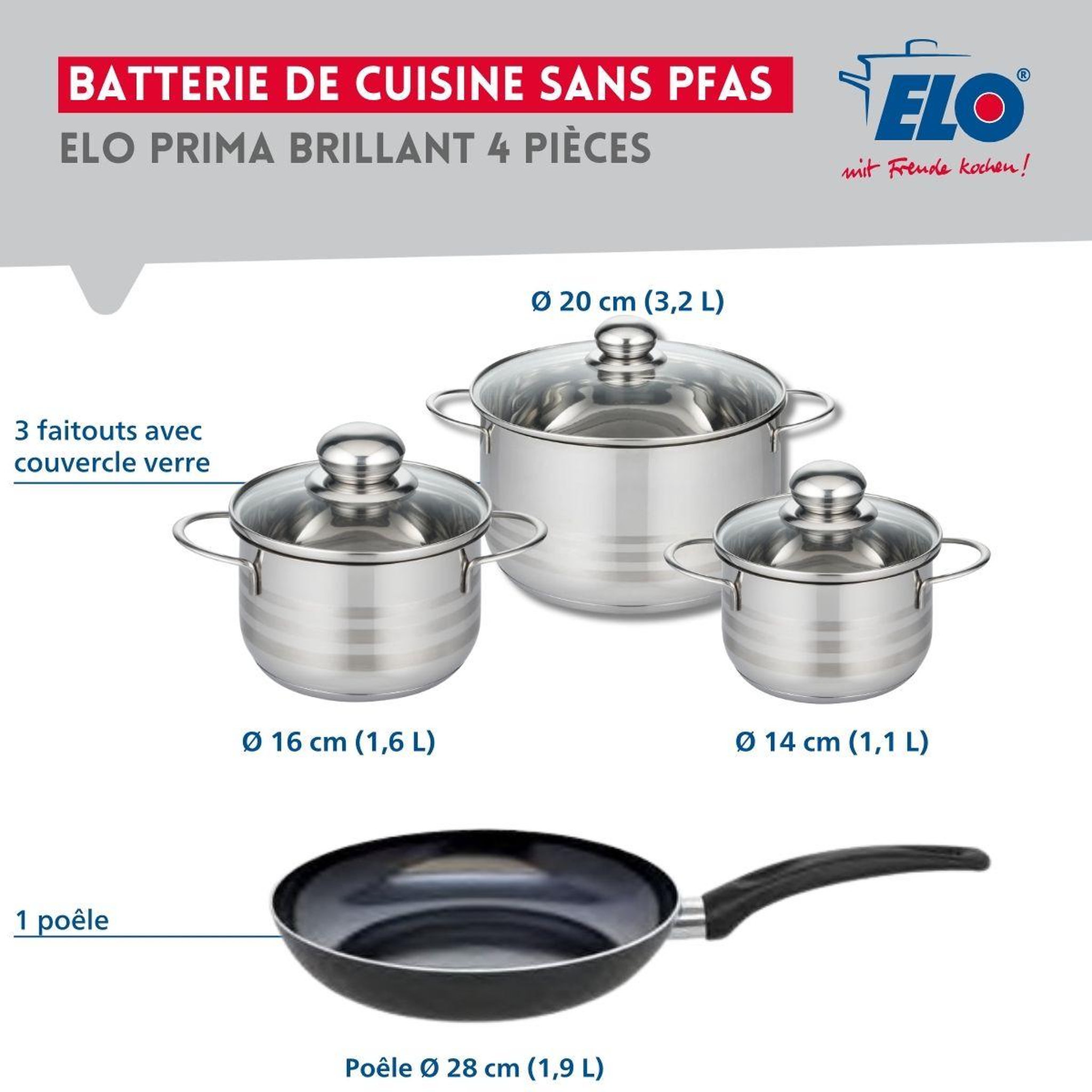 Voir la diapositive 2 : ELO Ensemble de 1 poêle de cuisson 28 cm et 3 faitouts 14, 16 et 20 cm elo prima brillant